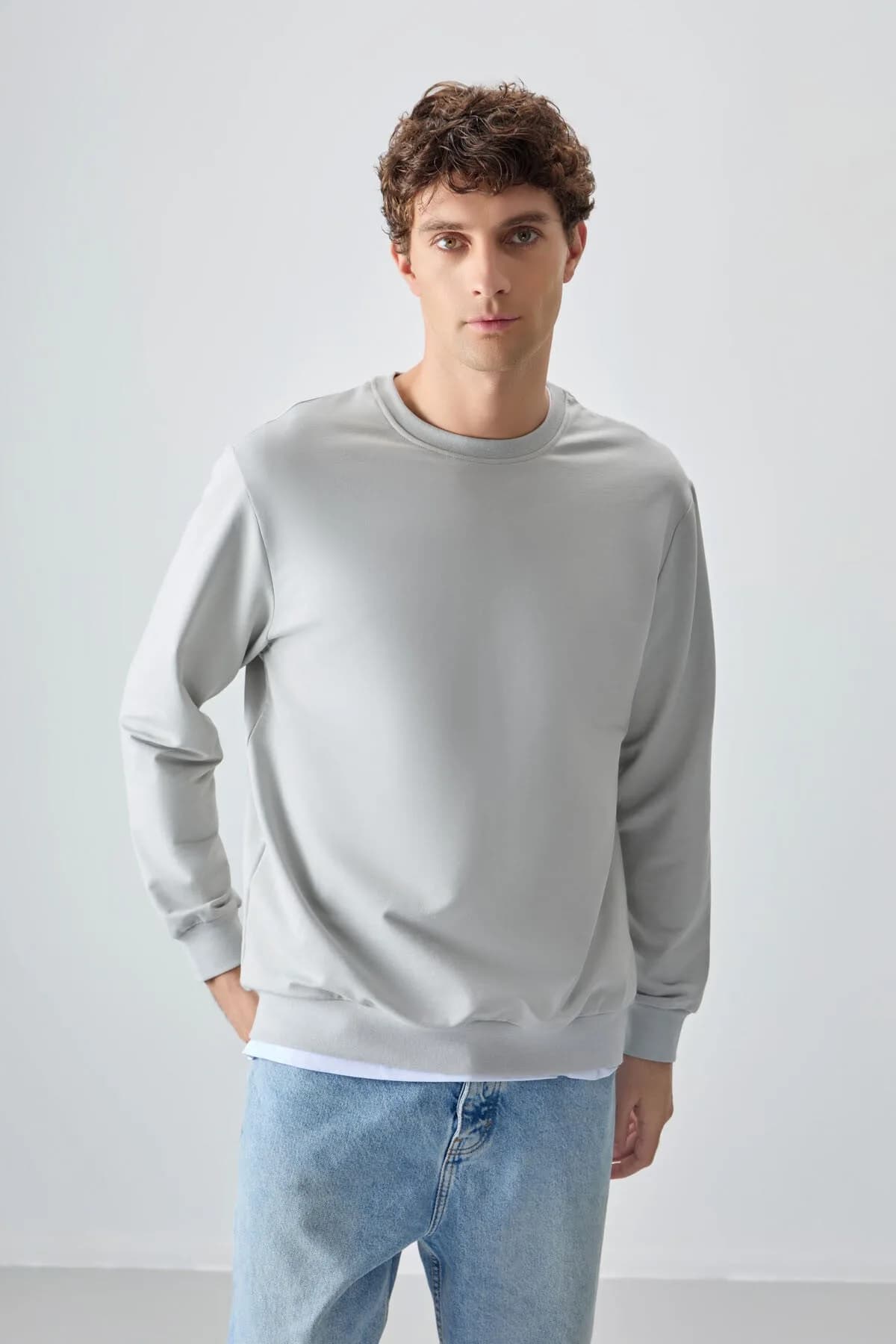 Taş Pamuk Yumuşak Dokulu Standart Fit Basic Erkek Sweatshirt - 88363 - Taş