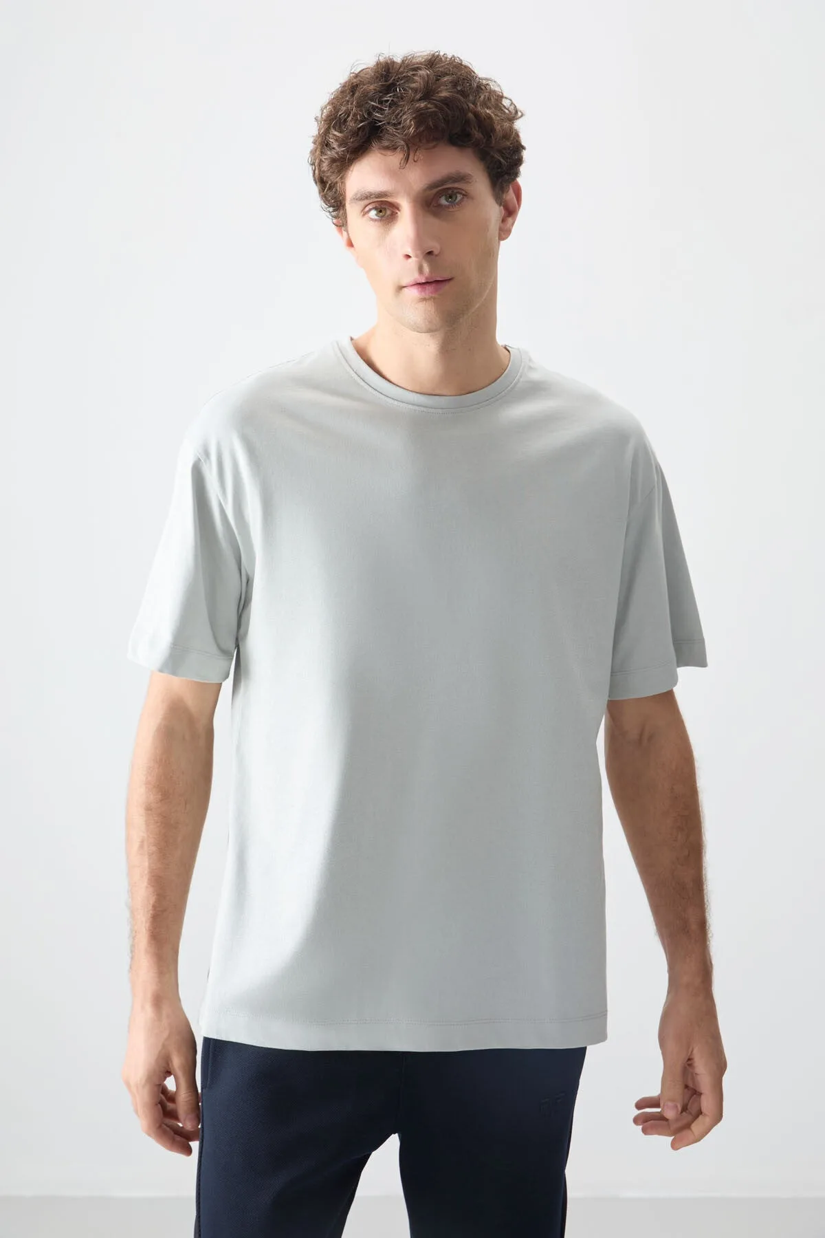Taş %100 Pamuk Kalın Yumuşak Dokulu Oversize Fit Basic Erkek T-Shirt - 88353 - Taş