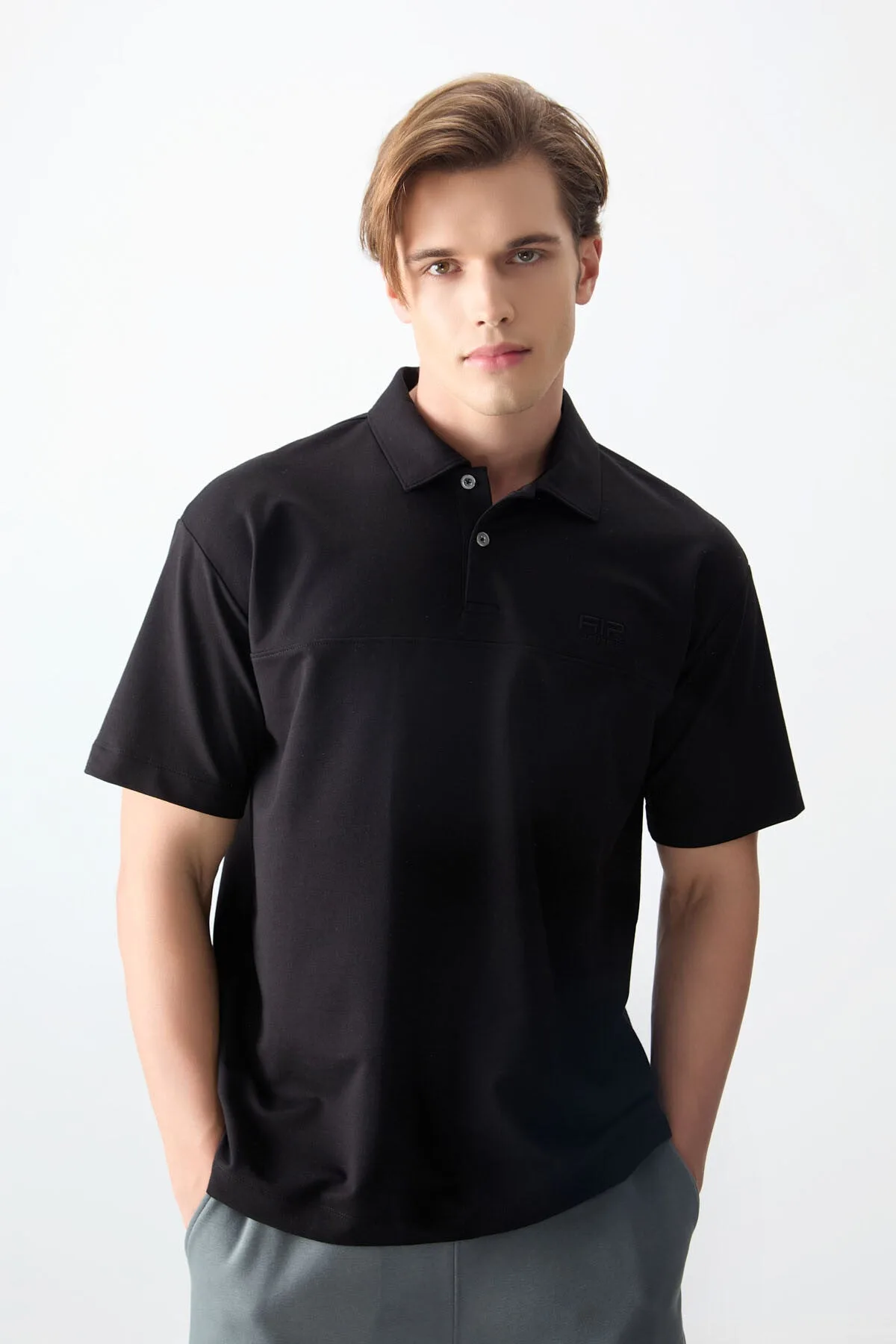 Siyah Pamuklu Kalın Yumuşak Dokulu Polo Yaka Oversize Fit Basic Erkek T- Shirt - 88382 - Siyah