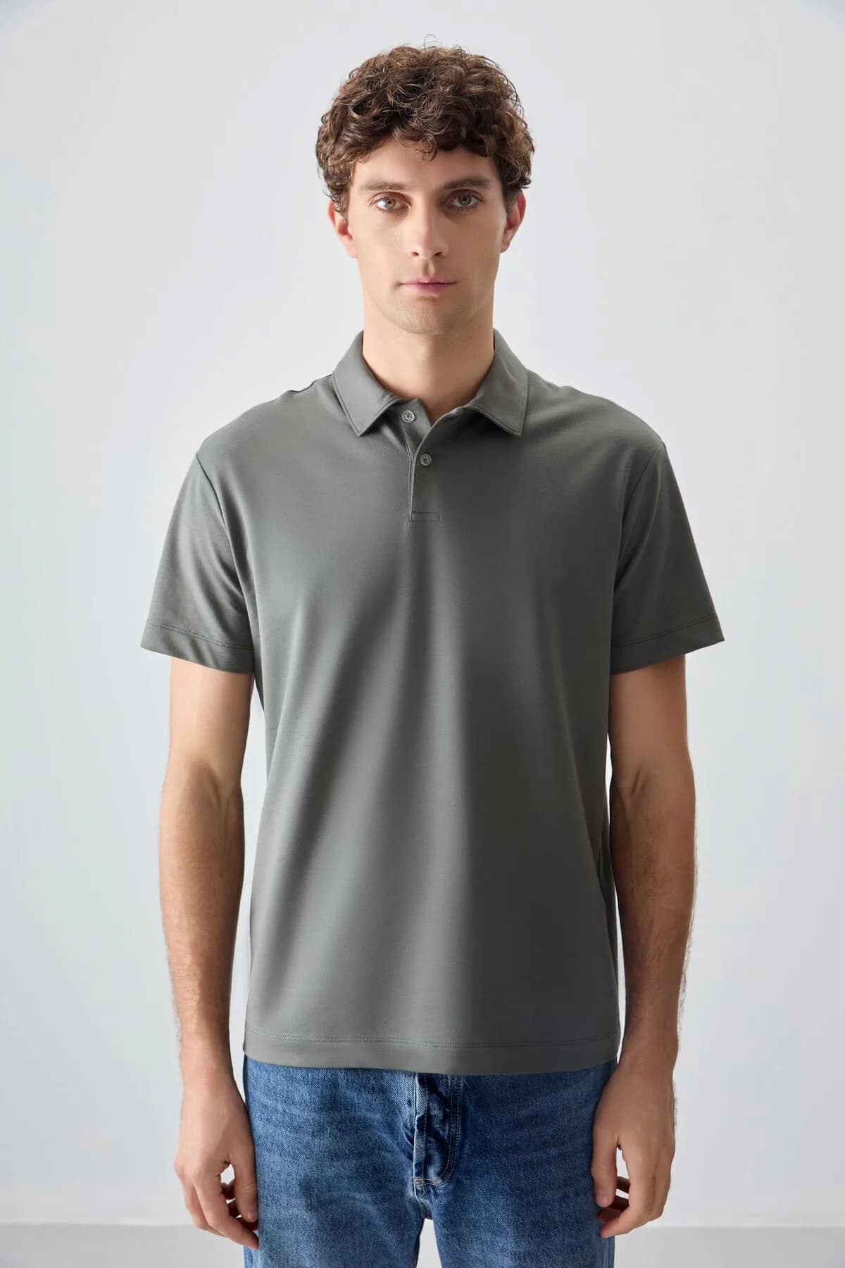 Haki Pamuklu Kalın Yumuşak Dokulu Polo Yaka Oversize Fit Basic Erkek T- Shirt - 88381 - Haki