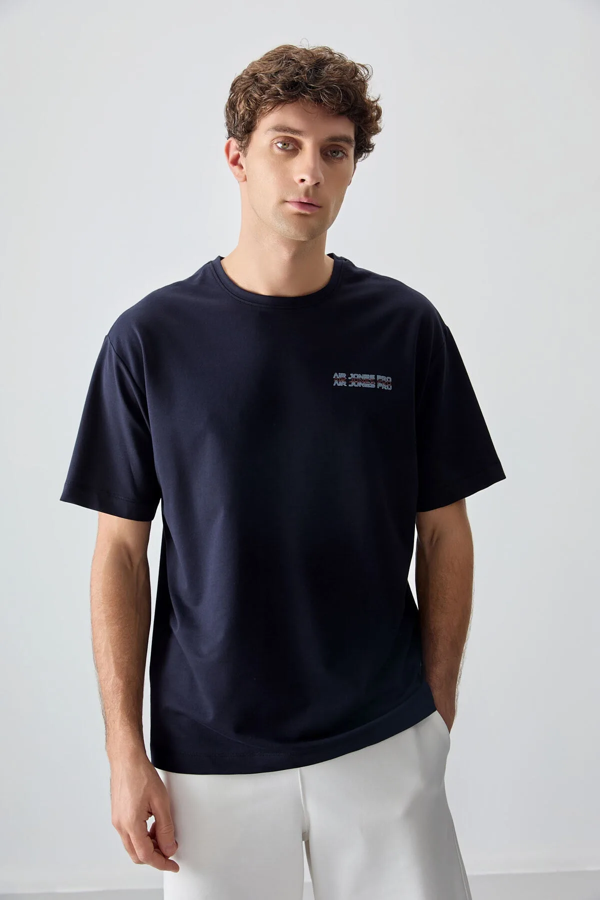Lacivert Pamuklu Kalın Yumuşak Dokulu Oversize Fit Baskılı Erkek T-Shirt - 88375 - Lacivert
