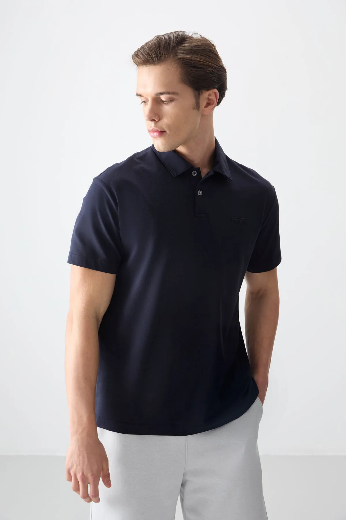 Lacivert Pamuklu Kalın Yumuşak Dokulu Polo Yaka Oversize Fit Basic Erkek T- Shirt - 88381 - Lacivert