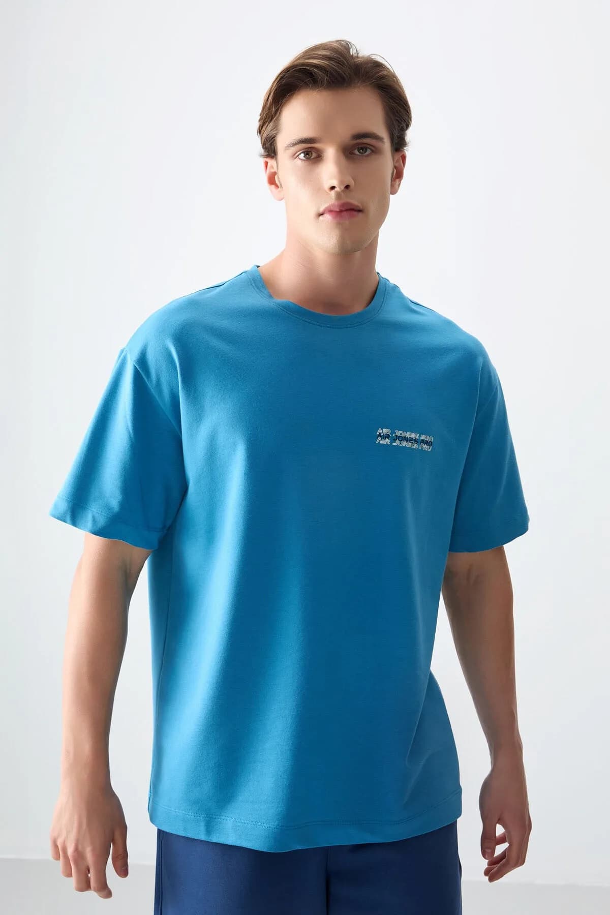 Petrol Mavi Pamuklu Kalın Yumuşak Dokulu Oversize Fit Baskılı Erkek T-Shirt - 88375 - Petrol mavi