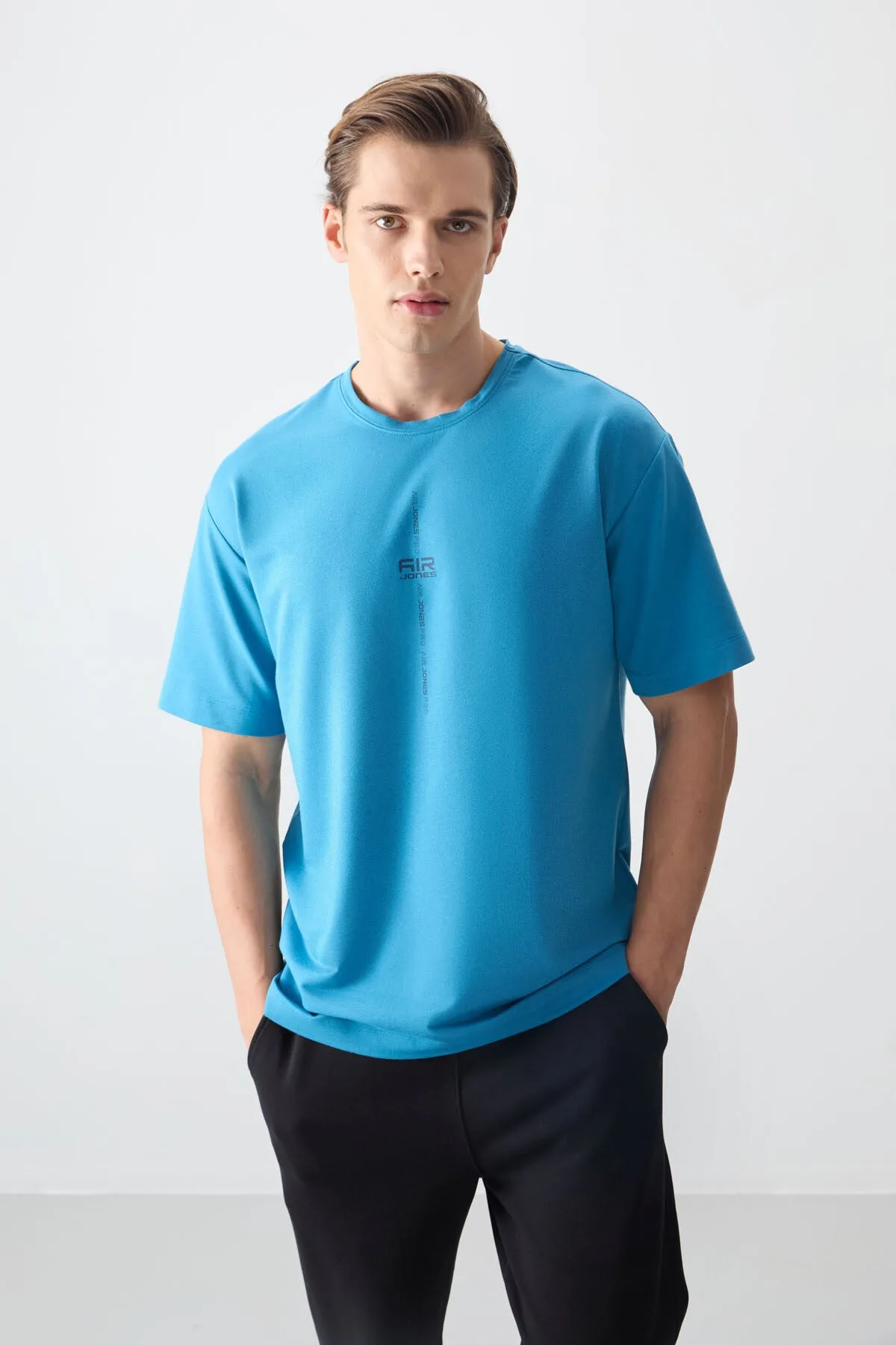 Petrol Mavi Pamuklu Kalın Yumuşak Dokulu Oversize Fit Baskılı Erkek T-Shirt - 88373 - Petrol mavi