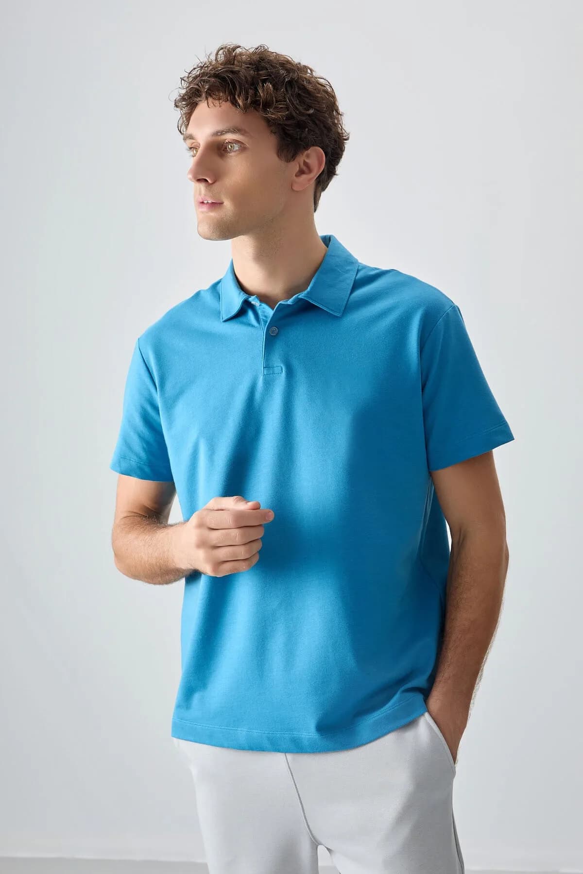 Petrol Mavi Pamuklu Kalın Yumuşak Dokulu Polo Yaka Oversize Fit Basic Erkek T- Shirt - 88381 - Petrol mavi