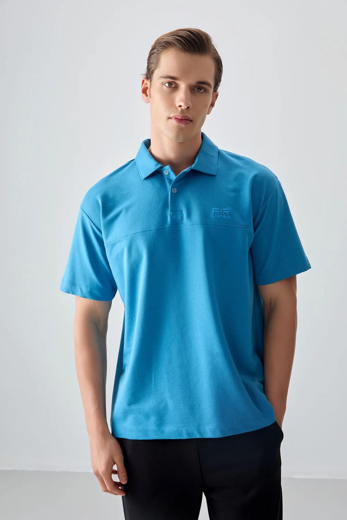 Petrol Mavi Pamuklu Kalın Yumuşak Dokulu Polo Yaka Oversize Fit Basic Erkek T- Shirt - 88382 - Petrol mavi