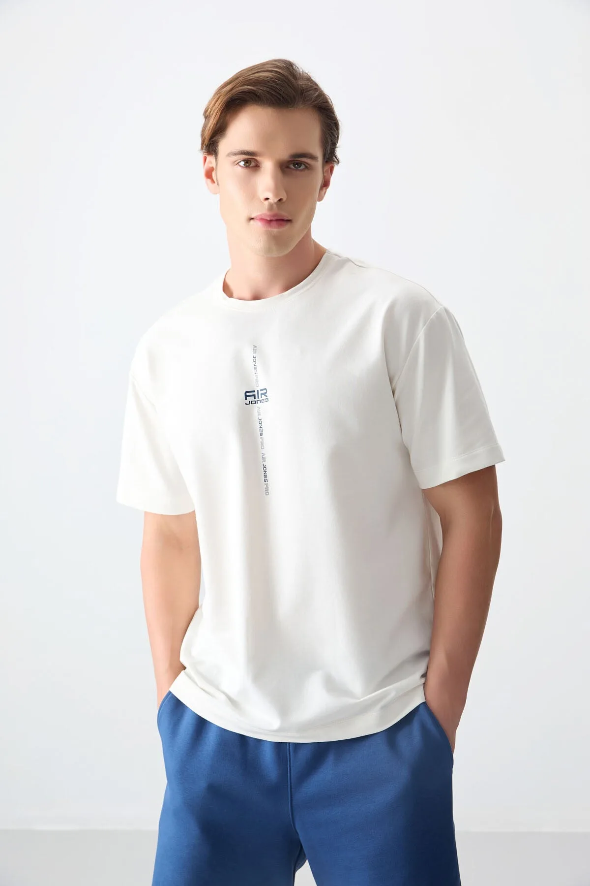Ekru Pamuklu Kalın Yumuşak Dokulu Oversize Fit Baskılı Erkek T-Shirt - 88373 - Ekru