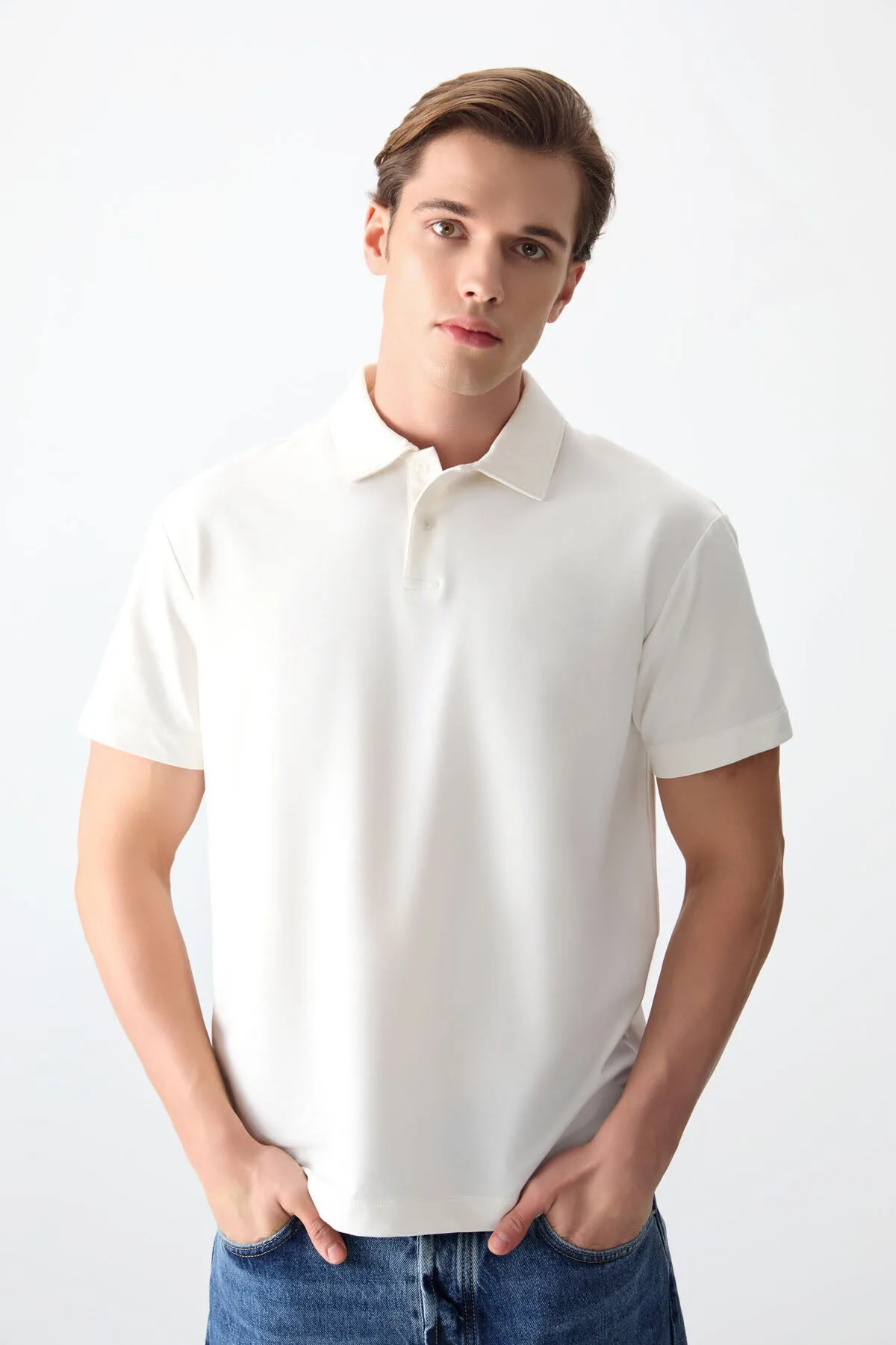 Ekru Pamuklu Kalın Yumuşak Dokulu Polo Yaka Oversize Fit Basic Erkek T- Shirt - 88381 - Ekru