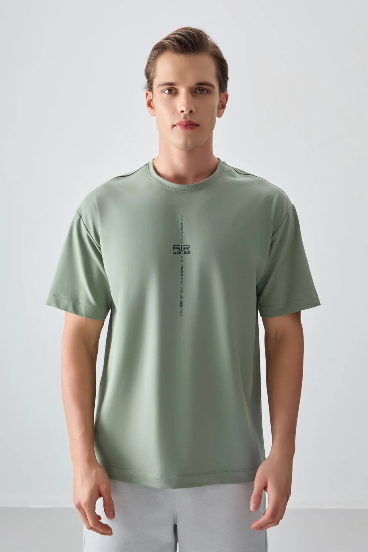 Açık Yeşil Pamuklu Kalın Yumuşak Dokulu Oversize Fit Baskılı Erkek T-Shirt - 88373 - Kaktüs