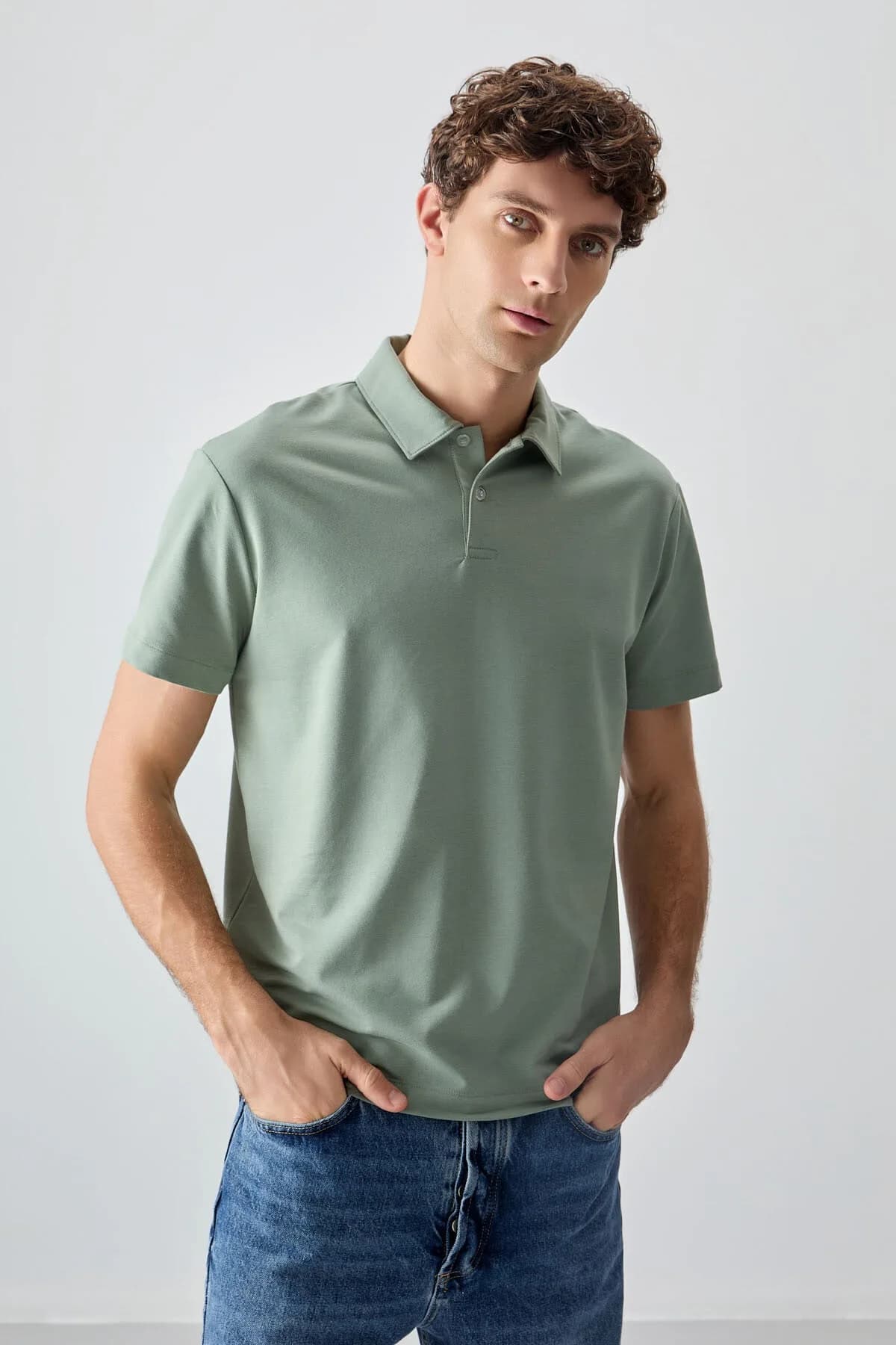 Açık Yeşil Pamuklu Kalın Yumuşak Dokulu Polo Yaka Oversize Fit Basic Erkek T-Shirt - 88381 - Kaktüs