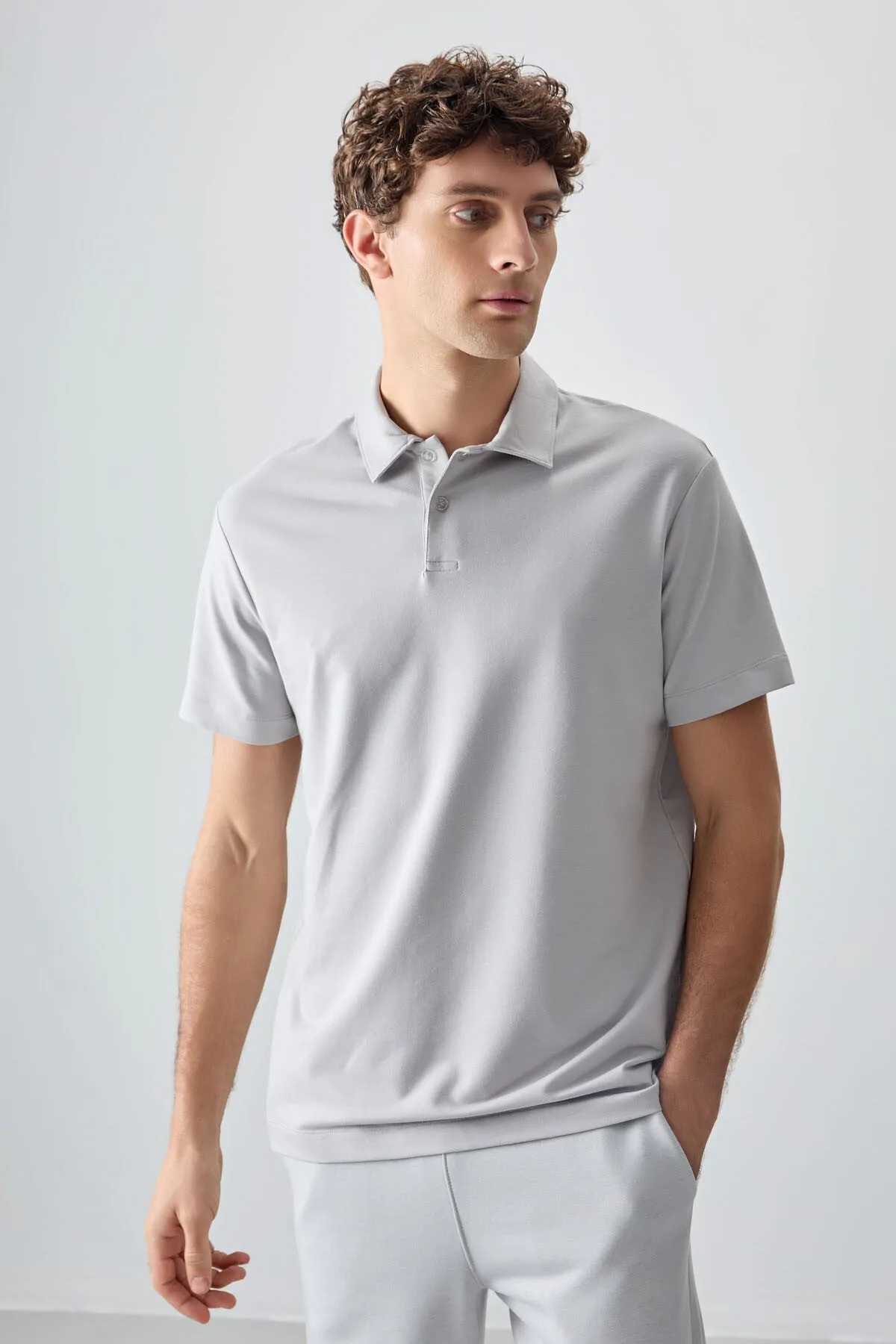 Taş Pamuklu Kalın Yumuşak Dokulu Polo Yaka Oversize Fit Basic Erkek T- Shirt - 88381 - Taş