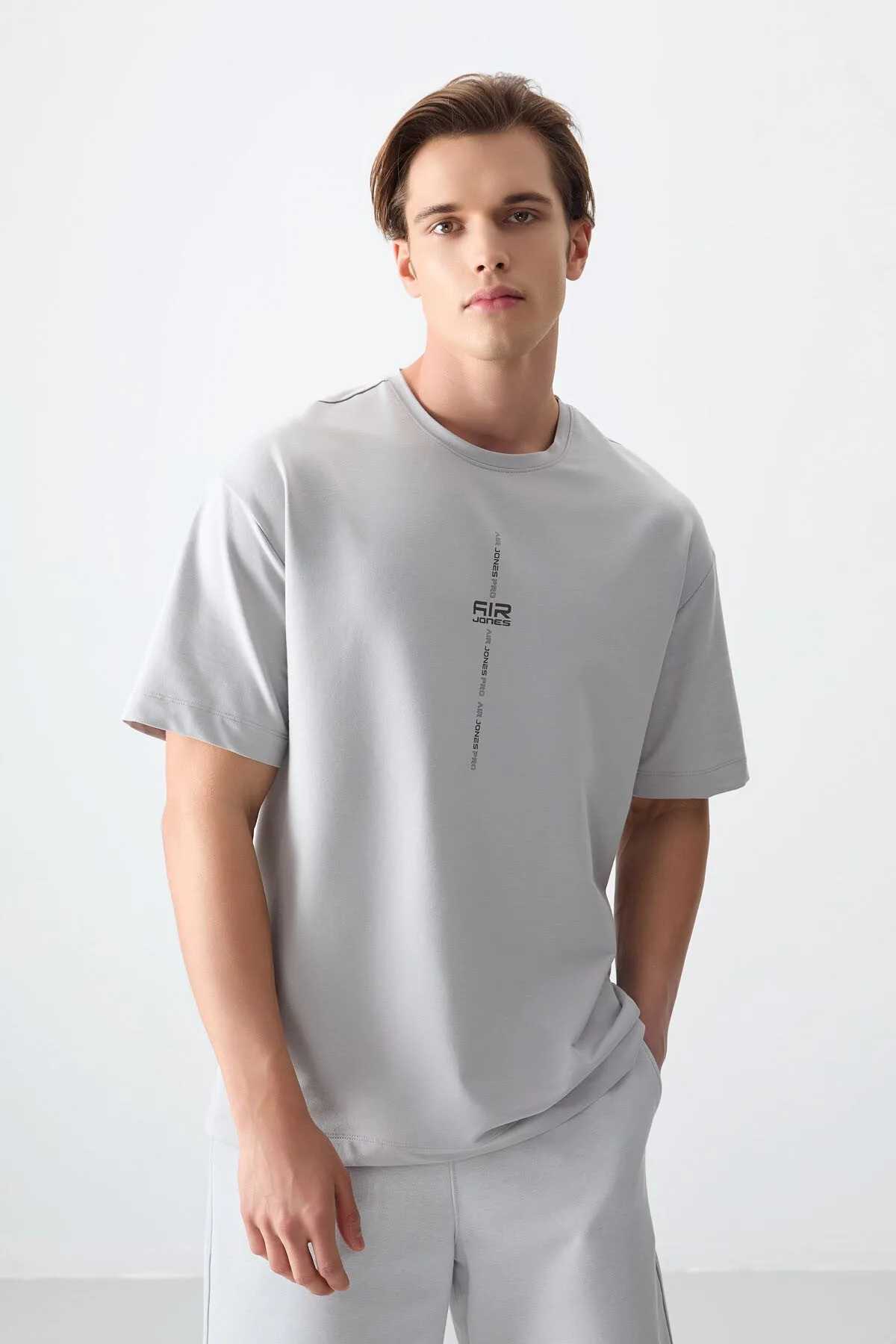 Taş Pamuklu Kalın Yumuşak Dokulu Oversize Fit Baskılı Erkek T-Shirt - 88373 - Taş
