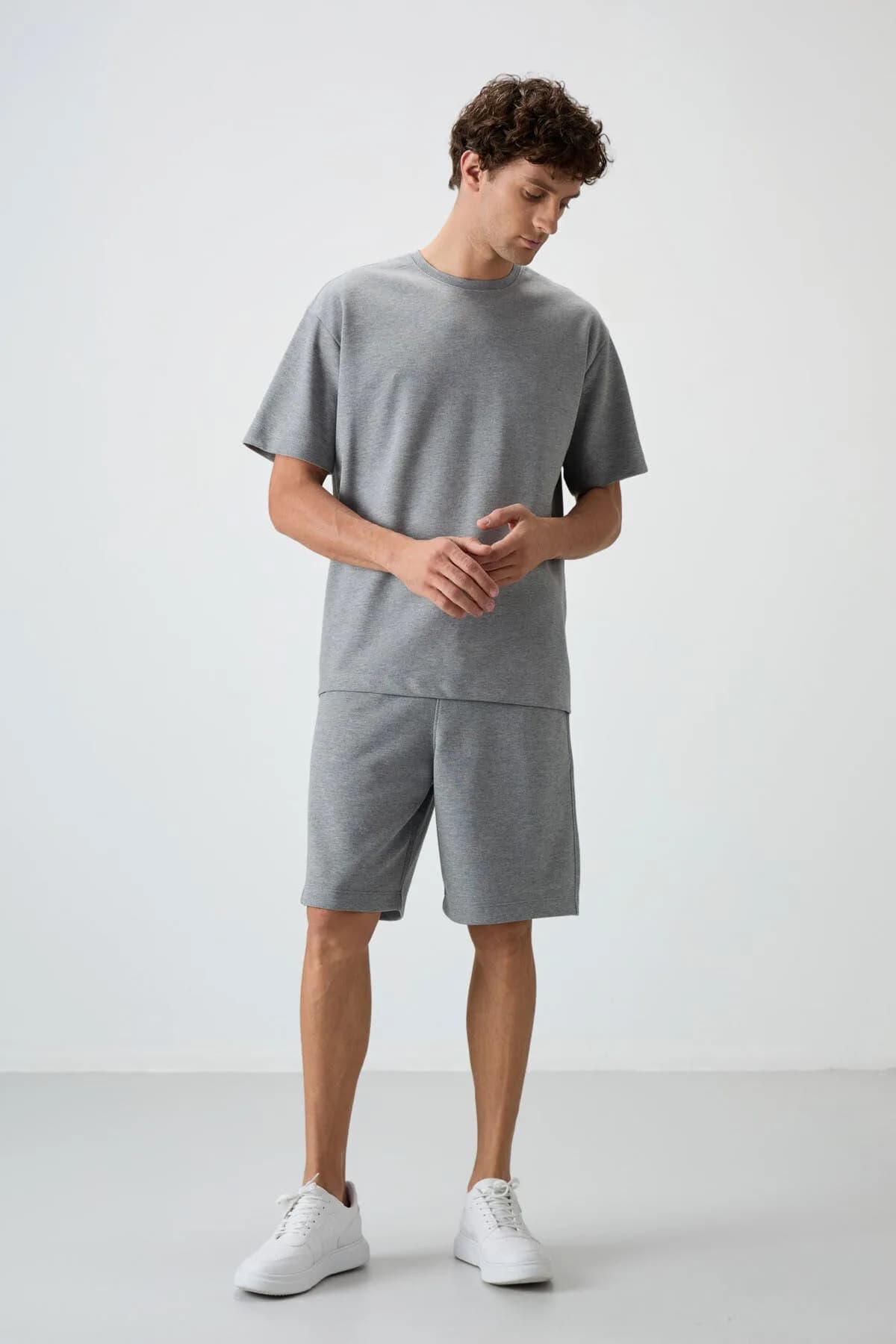 Gri Melanj Pamuklu Kalın Yumuşak Dokulu Oversize Fit Basic Erkek Şort Takım - 85249 - Gb melanj/gb melanj