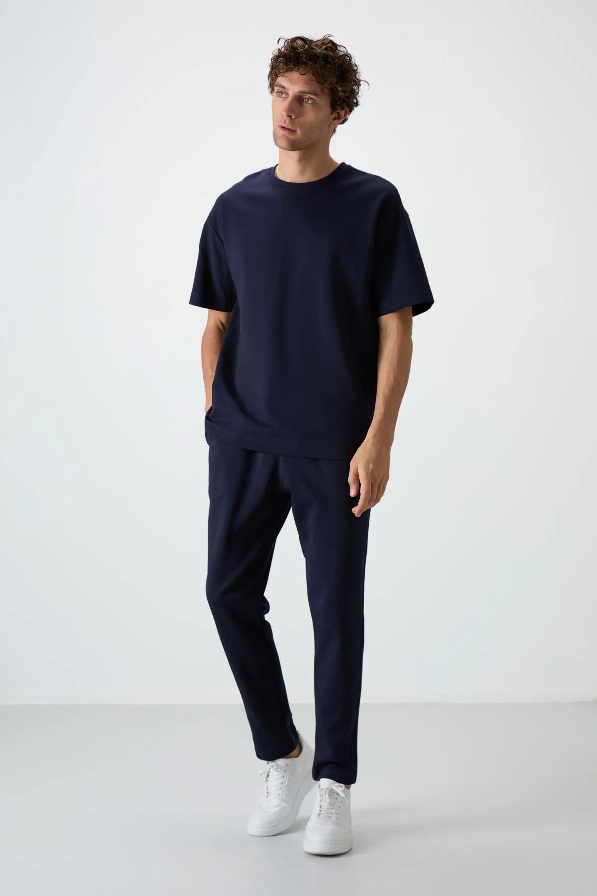 Lacivert Pamuklu Kalın Yumuşak Dokulu Oversize Fit Basic Erkek Eşofman Takım - 85251 - Laci/laci