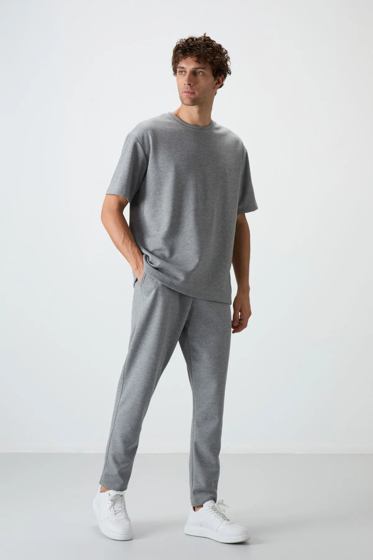 Gri Melanj Pamuklu Kalın Yumuşak Dokulu Oversize Fit Basic Erkek Eşofman Takım - 85251 - Gb melanj/gb melanj