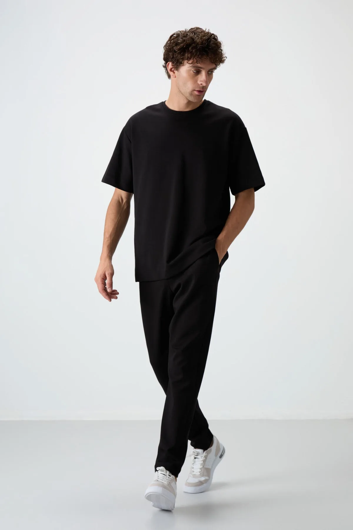 Siyah Pamuklu Kalın Yumuşak Dokulu Oversize Fit Basic Erkek Eşofman Takım - 85251 - Siyah/siyah