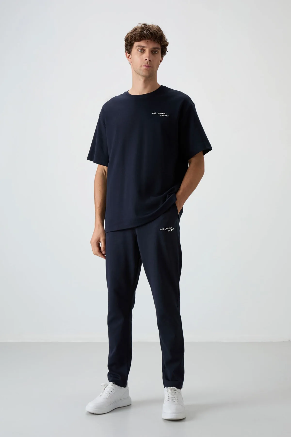 Lacivert Pamuklu Kalın Yumuşak Dokulu Oversize Fit Nakışlı Erkek Eşofman Takım - 85252 - Laci/laci