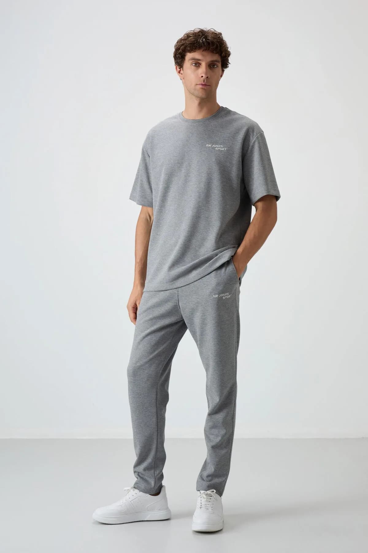 Gri Melanj Pamuklu Kalın Yumuşak Dokulu Oversize Fit Nakışlı Erkek Eşofman Takım - 85252 - Gb melanj/gb melanj