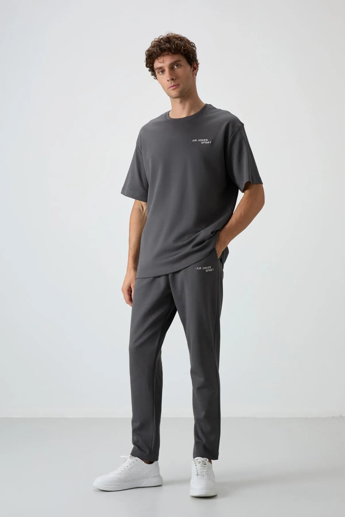 Haki Pamuklu Kalın Yumuşak Dokulu Oversize Fit Nakışlı Erkek Eşofman Takım - 85252 - Haki/haki
