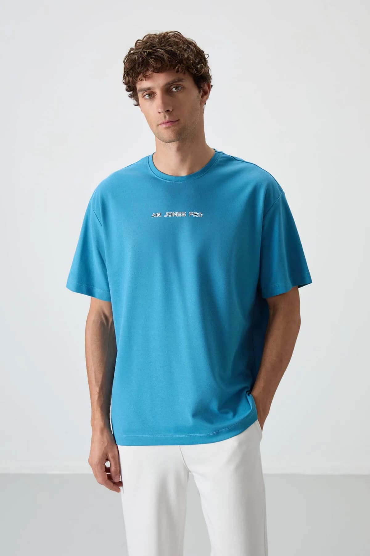 Petrol Mavi Pamuklu Kalın Yüzeyi Dokulu Oversize Fit Baskılı Erkek T-Shirt - 88364 - Petrol mavi