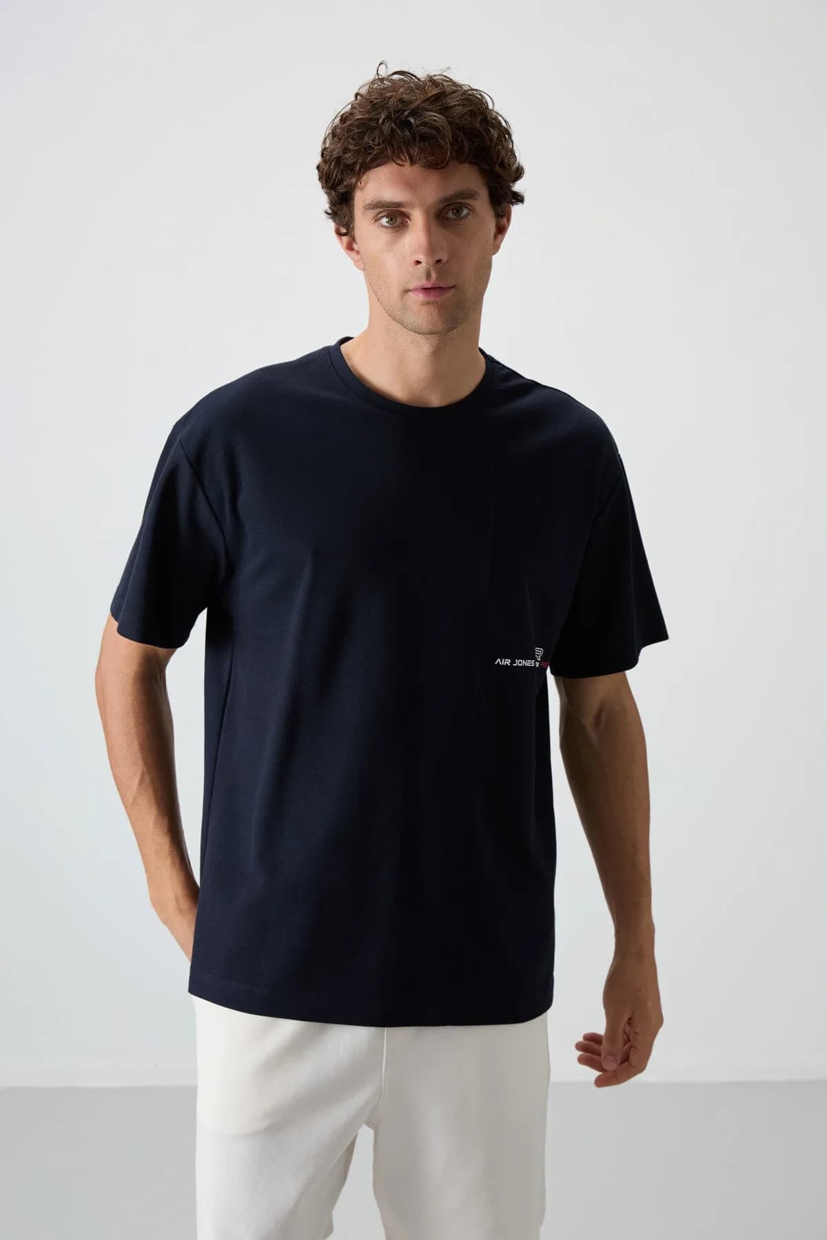 Lacivert Pamuklu Kalın Yüzeyi Dokulu Oversize Fit Baskılı Erkek T-Shirt - 88370 - Lacivert