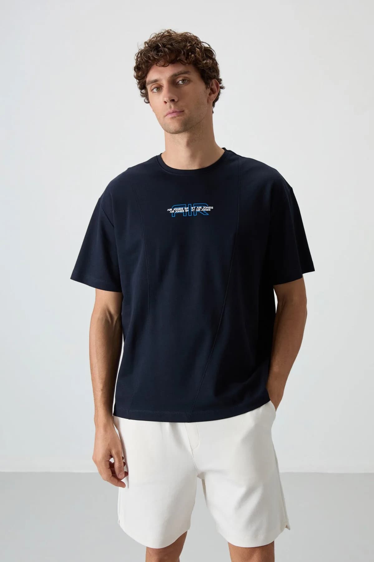 Lacivert Pamuklu Kalın Yüzeyi Dokulu Oversize Fit Baskılı Erkek T-Shirt - 88372 - Lacivert