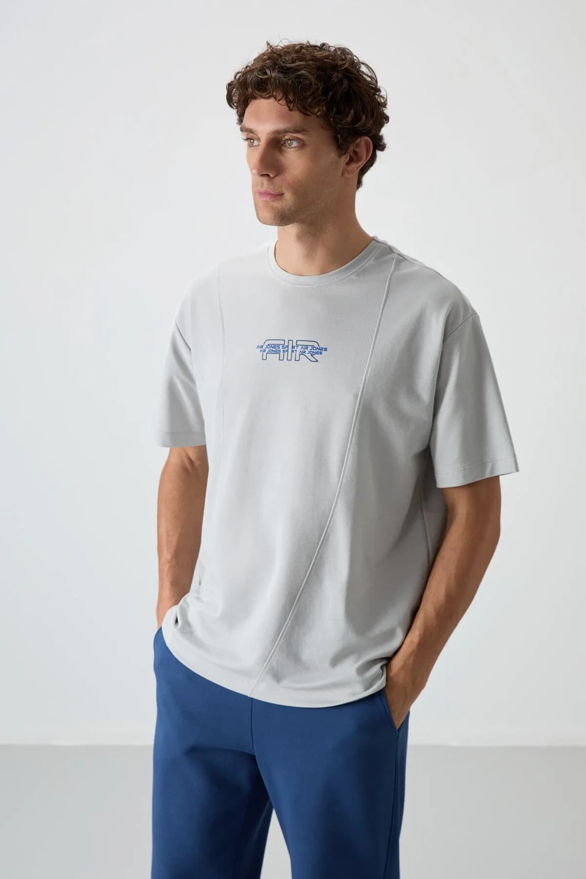 Taş Pamuklu Kalın Yüzeyi Dokulu Oversize Fit Baskılı Erkek T-Shirt - 88372 - Taş