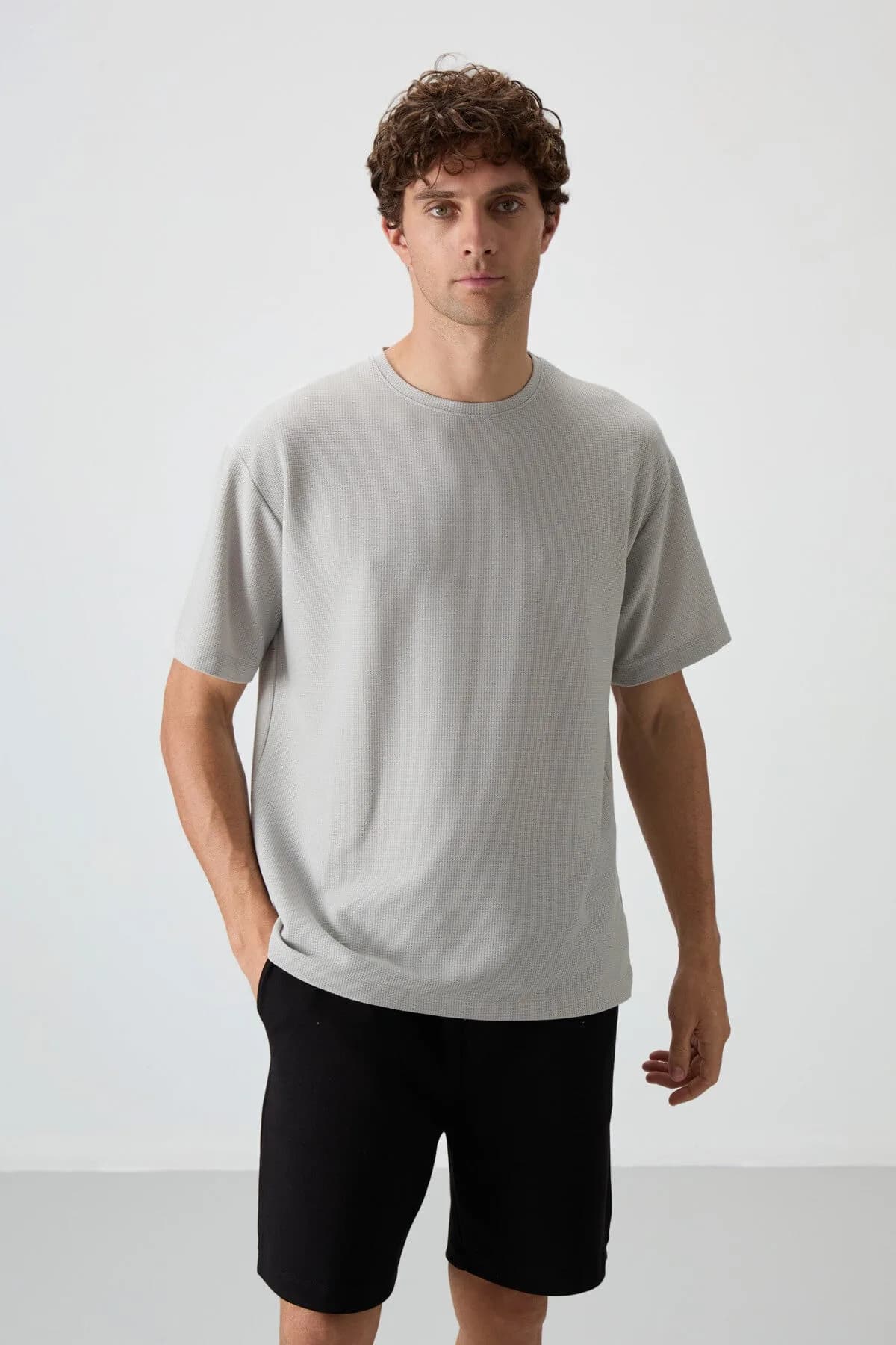 Taş Waffle İnterlok Yüzeyi Dokulu Oversize Fit Basic Erkek T-Shirt - 88379 - Taş
