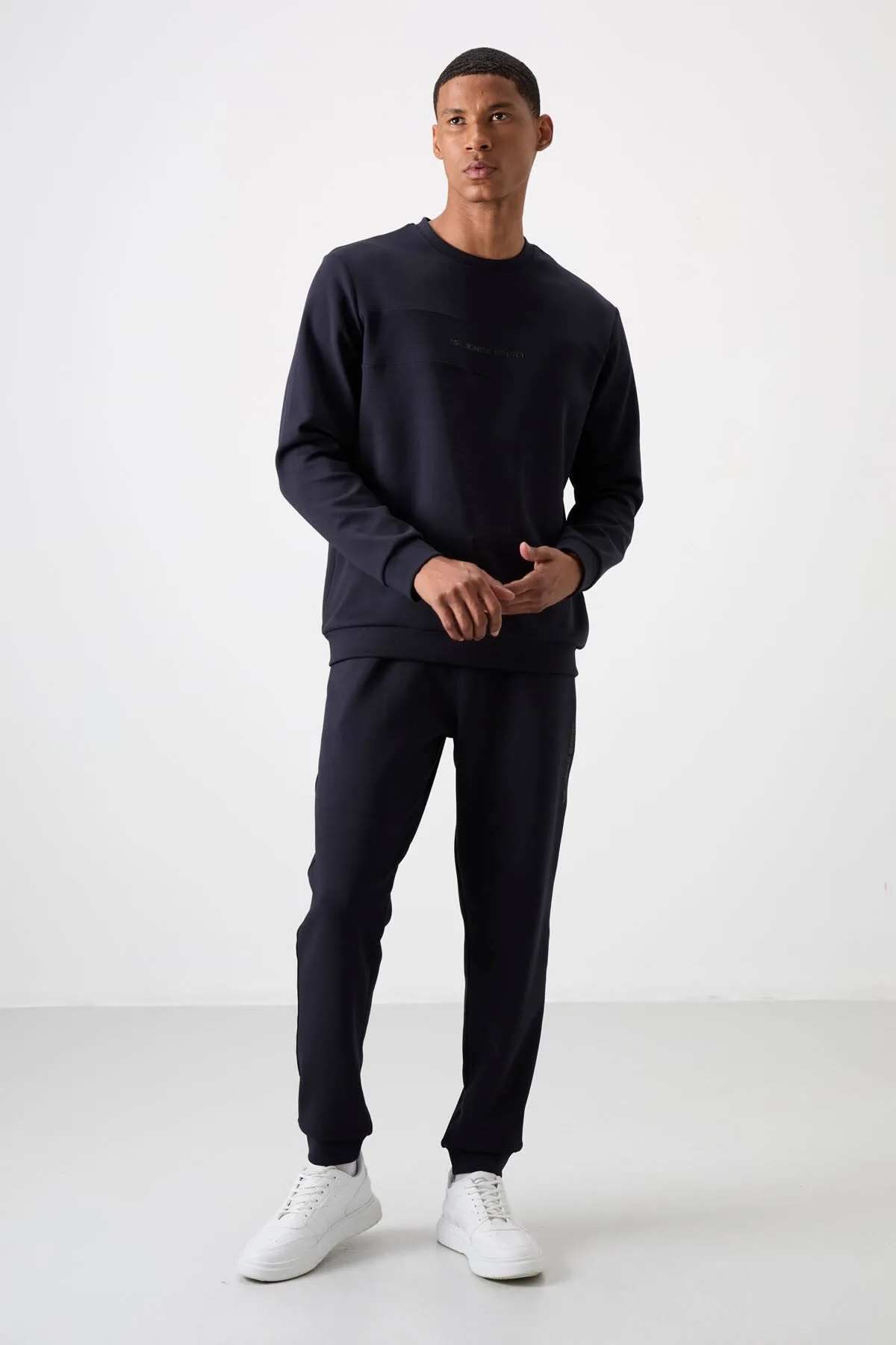 Lacivert Pamuklu Kalın Yumuşak Dokulu Comfort Fit Baskılı Erkek Eşofman Takım - 85253 - Laci/laci