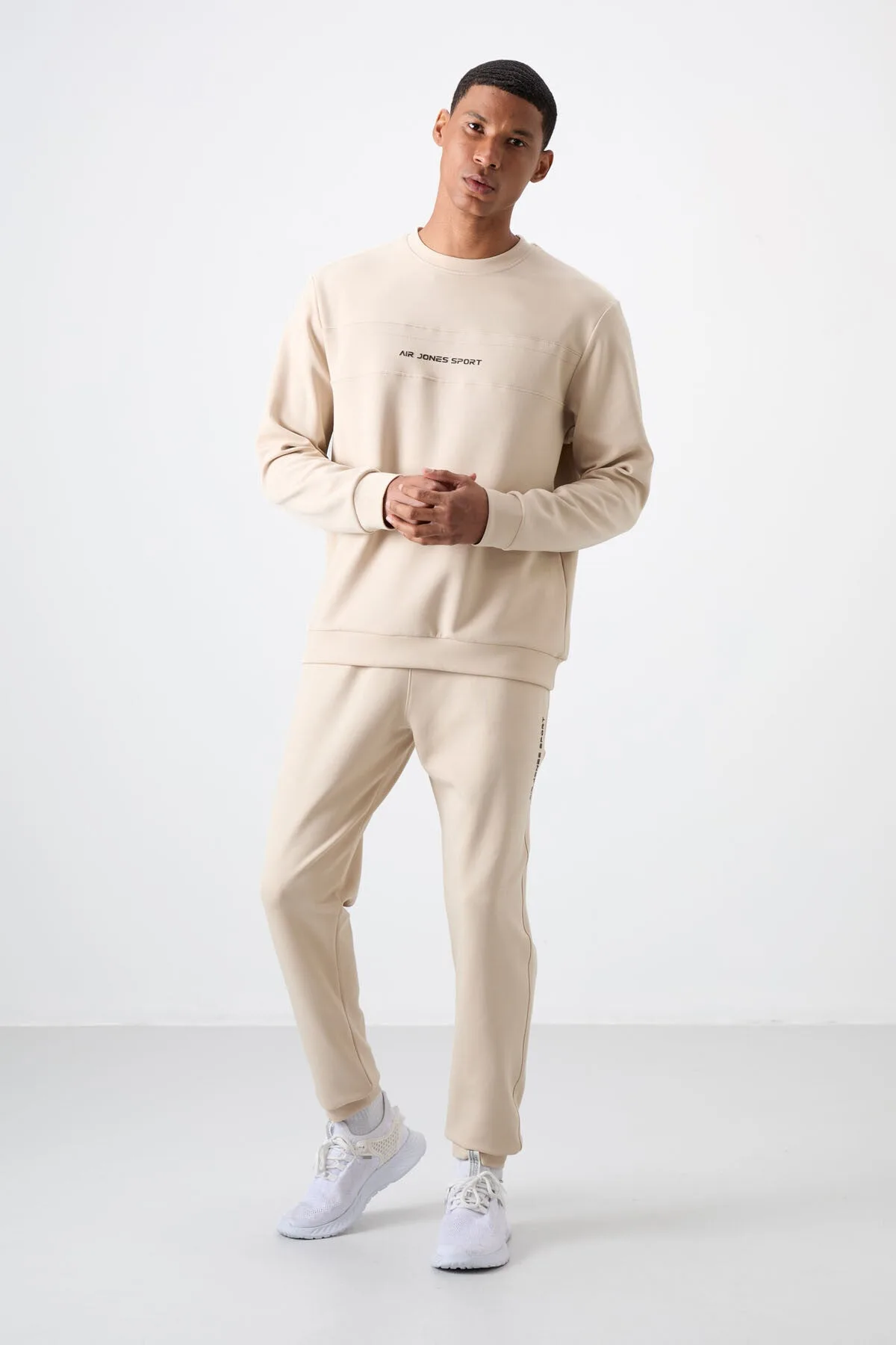 Bej Pamuklu Kalın Yumuşak Dokulu Comfort Fit Baskılı Erkek Eşofman Takım - 85253 - Bej/bej