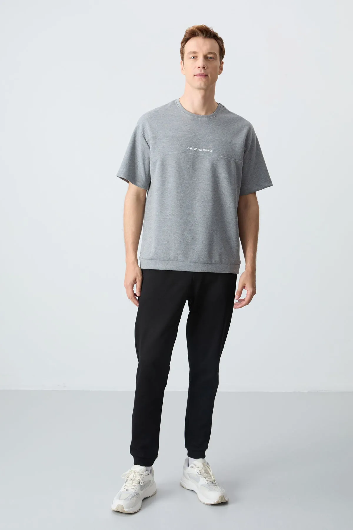 Gri Melanj Siyah Pamuklu Kalın Yumuşak Dokulu Oversize Fit Basic Erkek Eşofman Takım - 85261 - Gb melanj/siyah