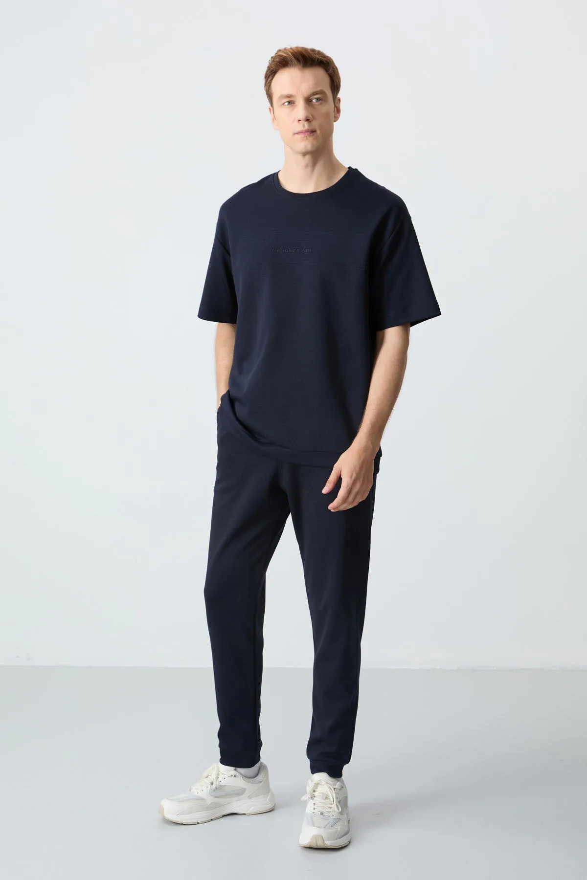 Lacivert Pamuklu Kalın Yumuşak Dokulu Oversize Fit Basic Erkek Eşofman Takım - 85261 - Laci/laci