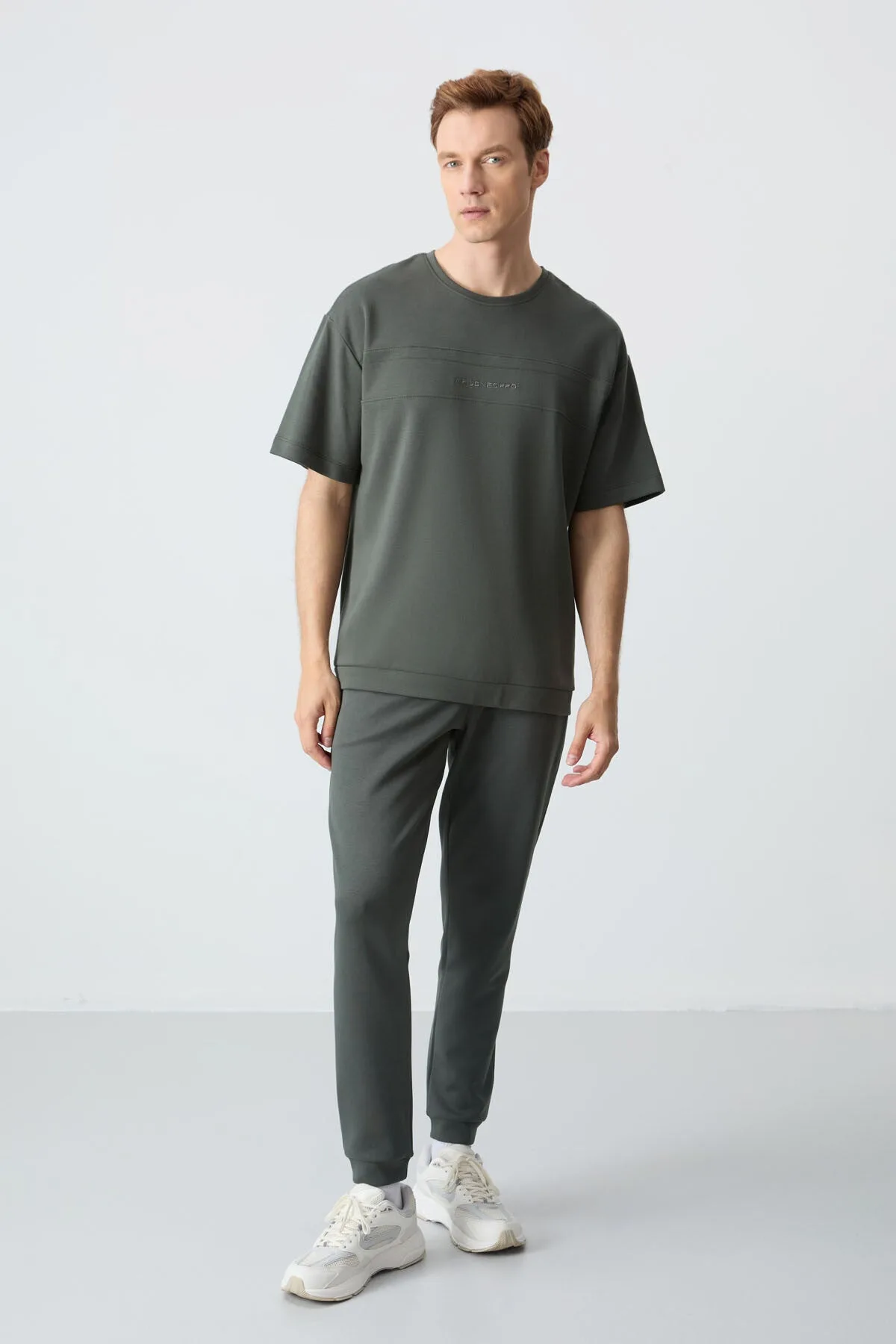 Haki Pamuklu Kalın Yumuşak Dokulu Oversize Fit Basic Erkek Eşofman Takım - 85261 - Haki/haki