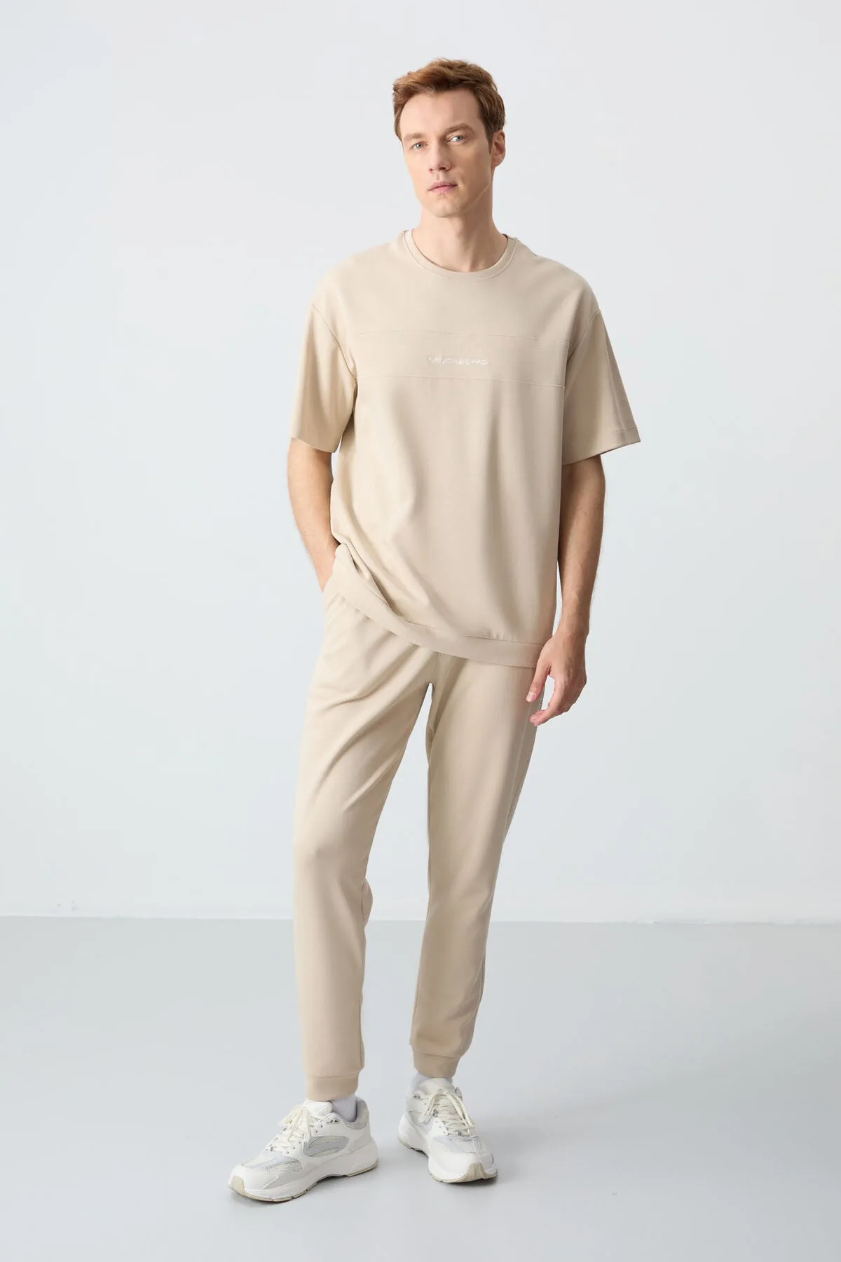Bej Pamuklu Kalın Yumuşak Dokulu Oversize Fit Basic Erkek Eşofman Takım - 85261 - Bej/bej