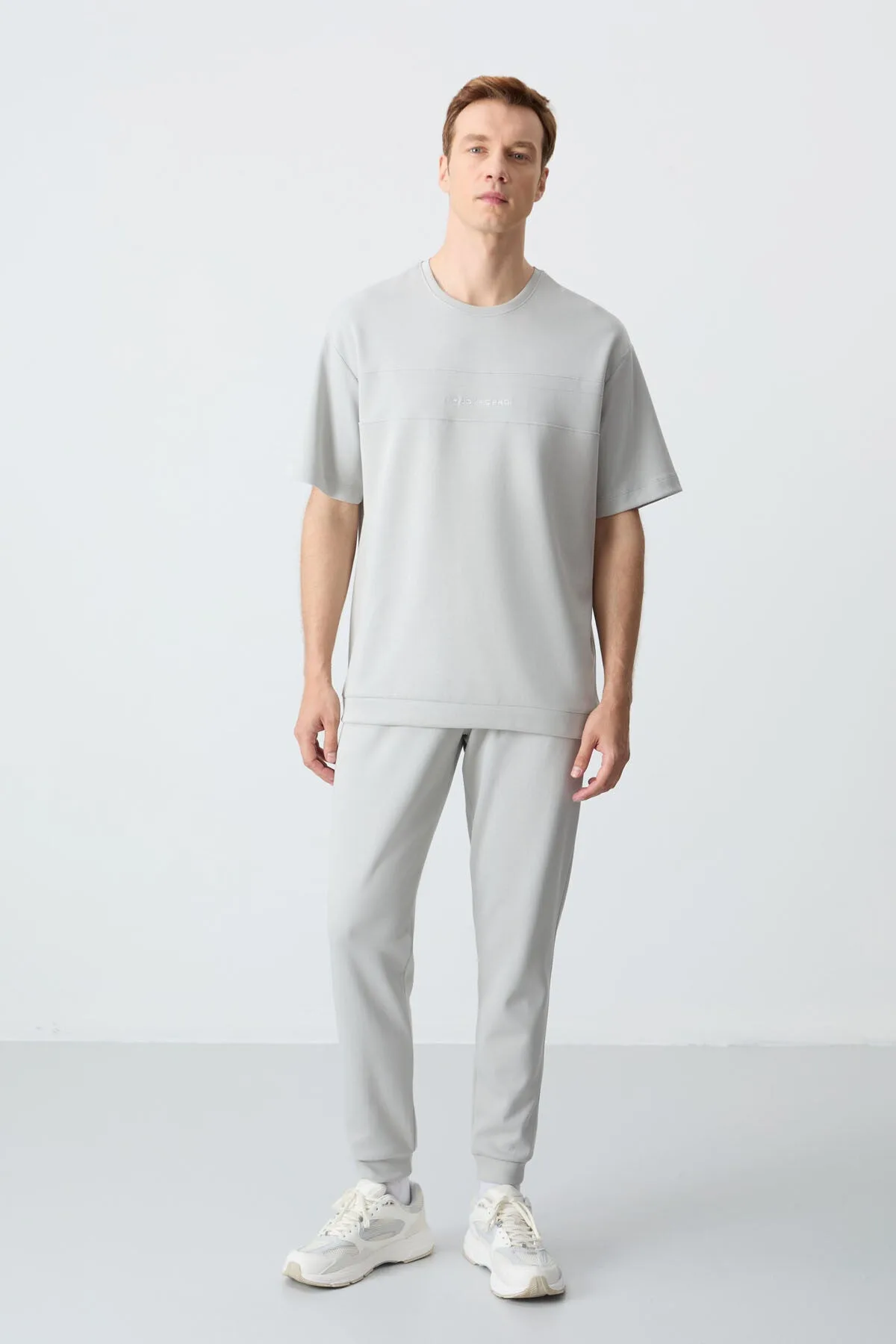 Taş Pamuklu Kalın Yumuşak Dokulu Oversize Fit Basic Erkek Eşofman Takım - 85261 - Taş/taş
