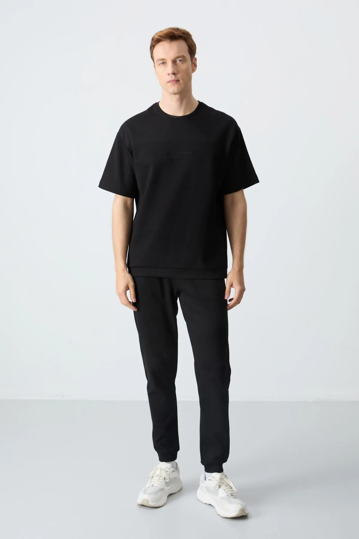Siyah Pamuklu Kalın Yumuşak Dokulu Oversize Fit Basic Erkek Eşofman Takım - 85261 - Siyah/siyah