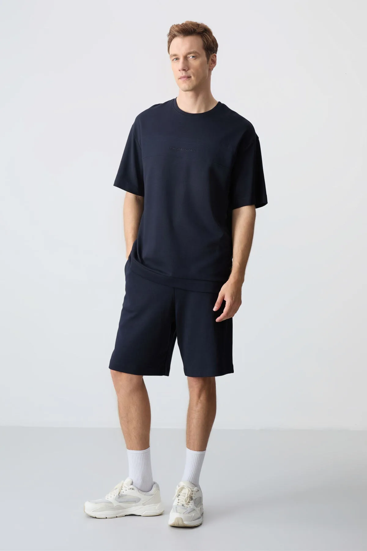 Lacivert Pamuklu Kalın Yumuşak Dokulu Comfort Fit Basic Erkek Şort Takım - 85257 - Laci/laci