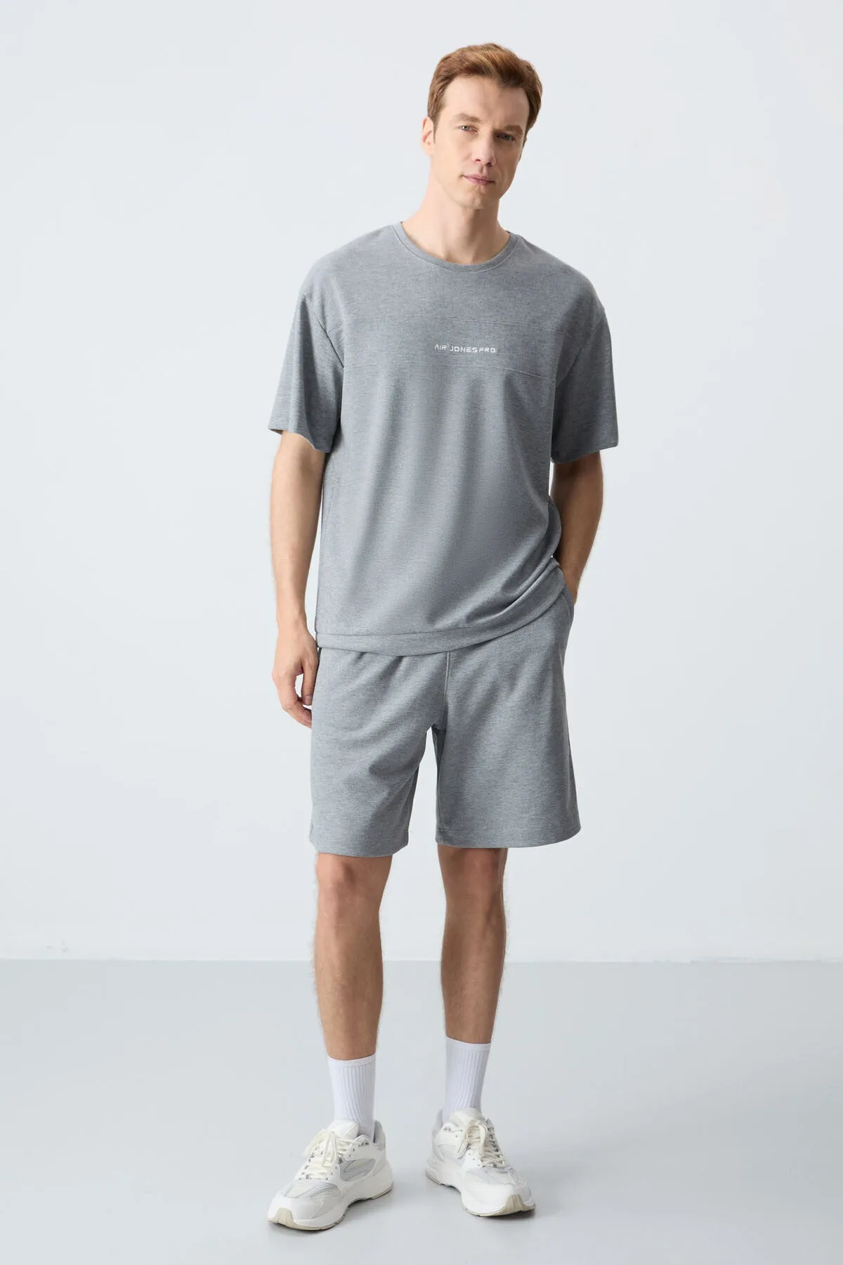 Gri Melanj Pamuklu Kalın Yumuşak Dokulu Oversize Fit Basic Erkek Şort Takım - 85257 - Gb melanj/gb melanj