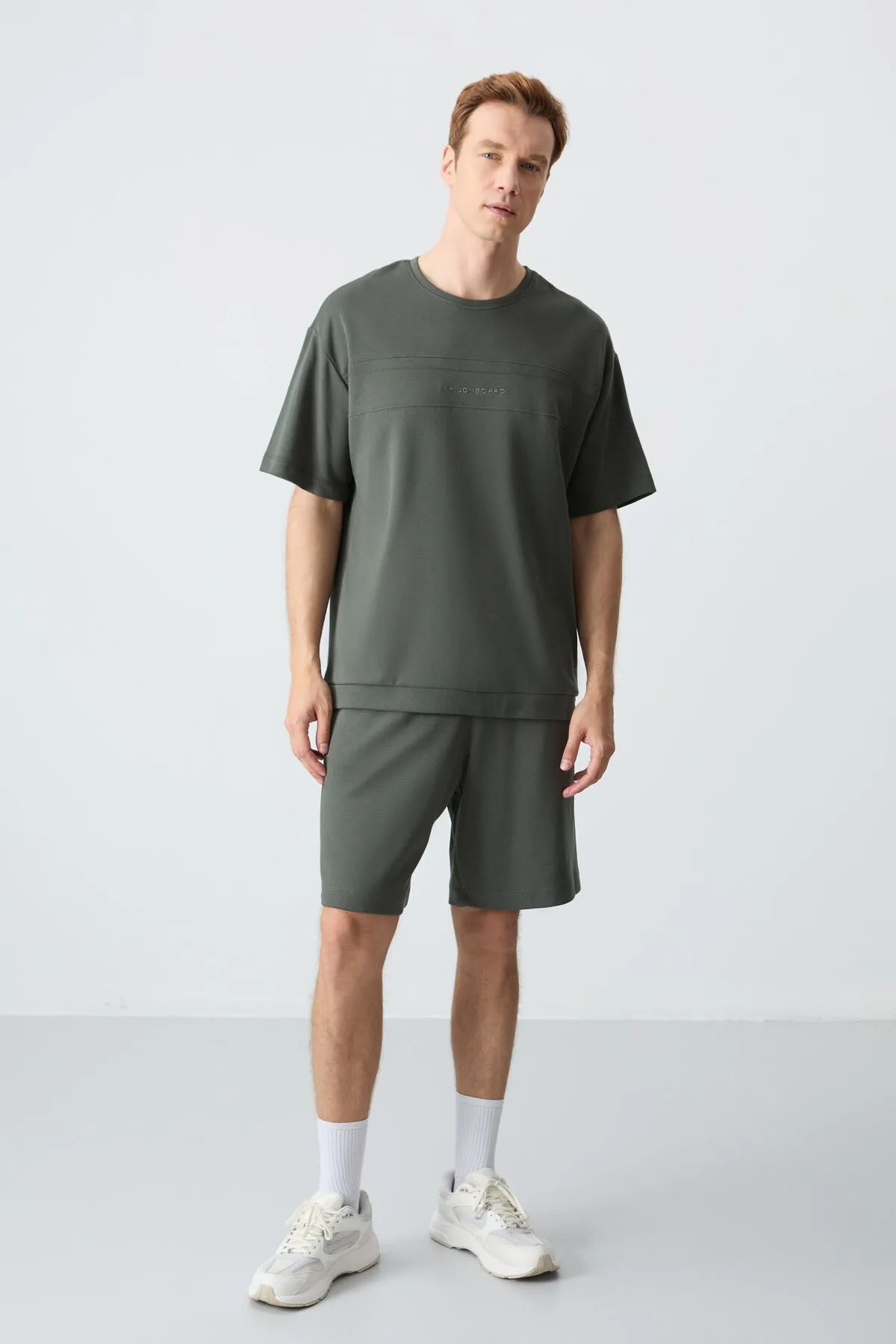 Haki Pamuklu Kalın Yumuşak Dokulu Oversize Fit Basic Erkek Şort Takım - 85257 - Haki/haki