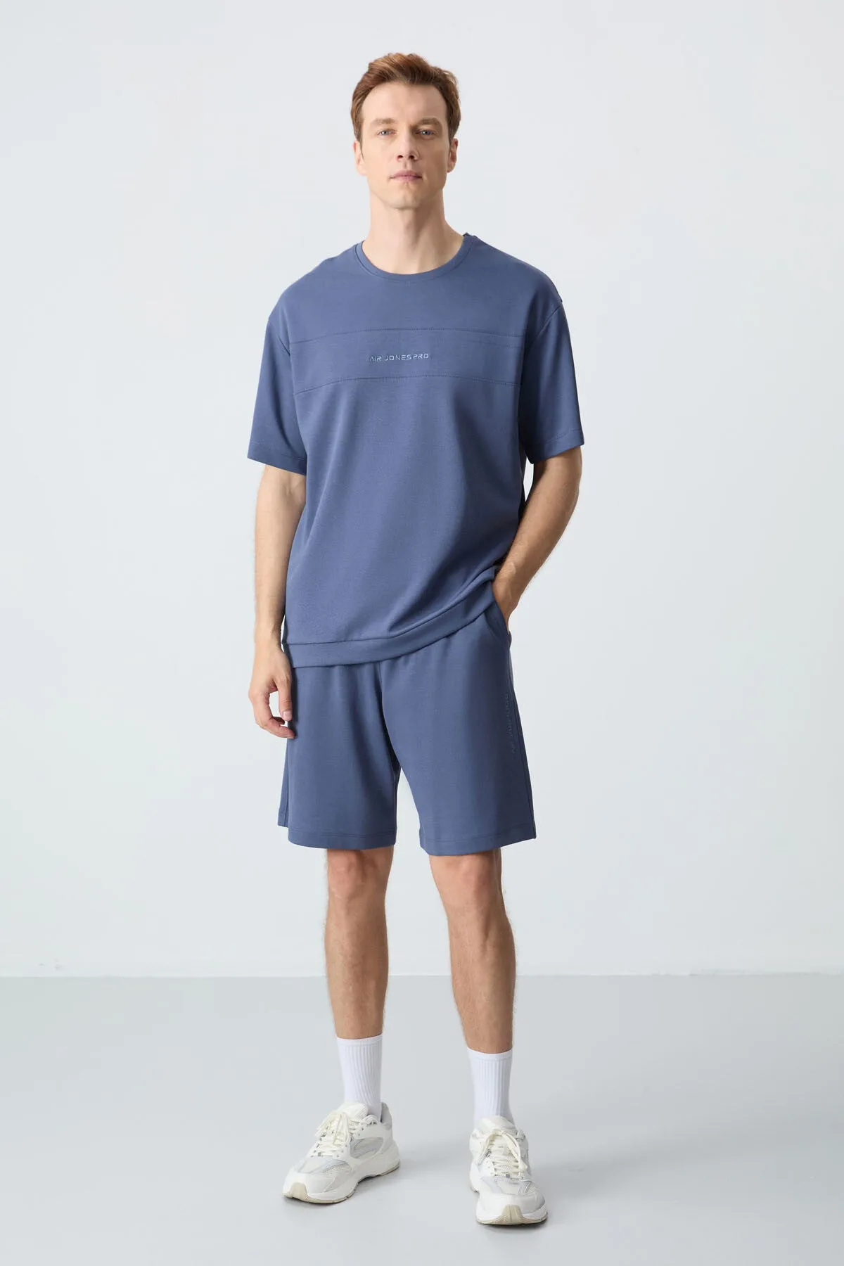 Petrol Pamuklu Kalın Yumuşak Dokulu Oversize Fit Basic Erkek Şort Takım - 85257 - Petrol/petrol