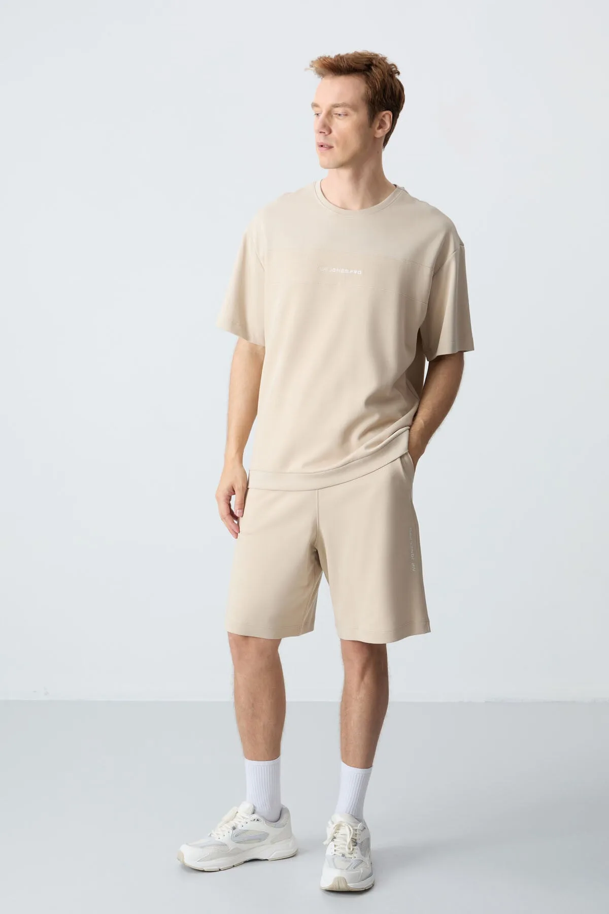 Bej Pamuklu Kalın Yumuşak Dokulu Comfort Fit Basic Erkek Şort Takım - 85257 - Bej/bej