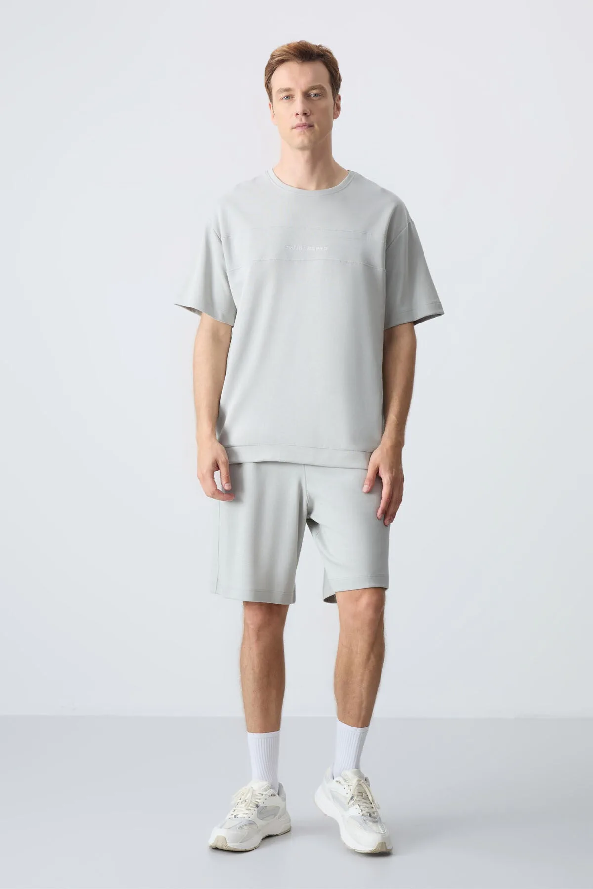 Taş Pamuklu Kalın Yumuşak Dokulu Oversize Fit Basic Erkek Şort Takım - 85257 - Taş/taş