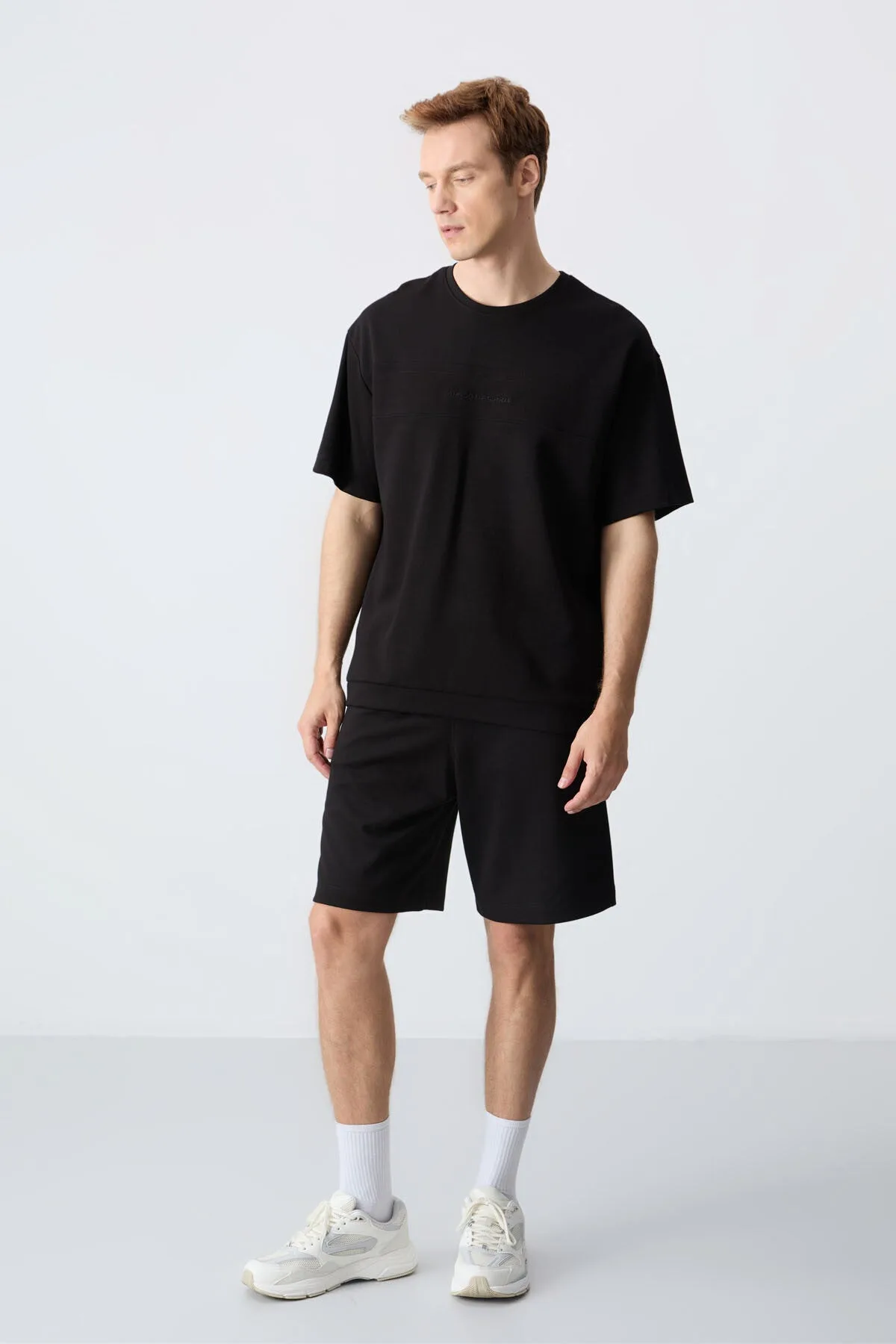 Siyah Pamuklu Kalın Yumuşak Dokulu Oversize Fit Basic Erkek Şort Takım - 85257 - Siyah/siyah