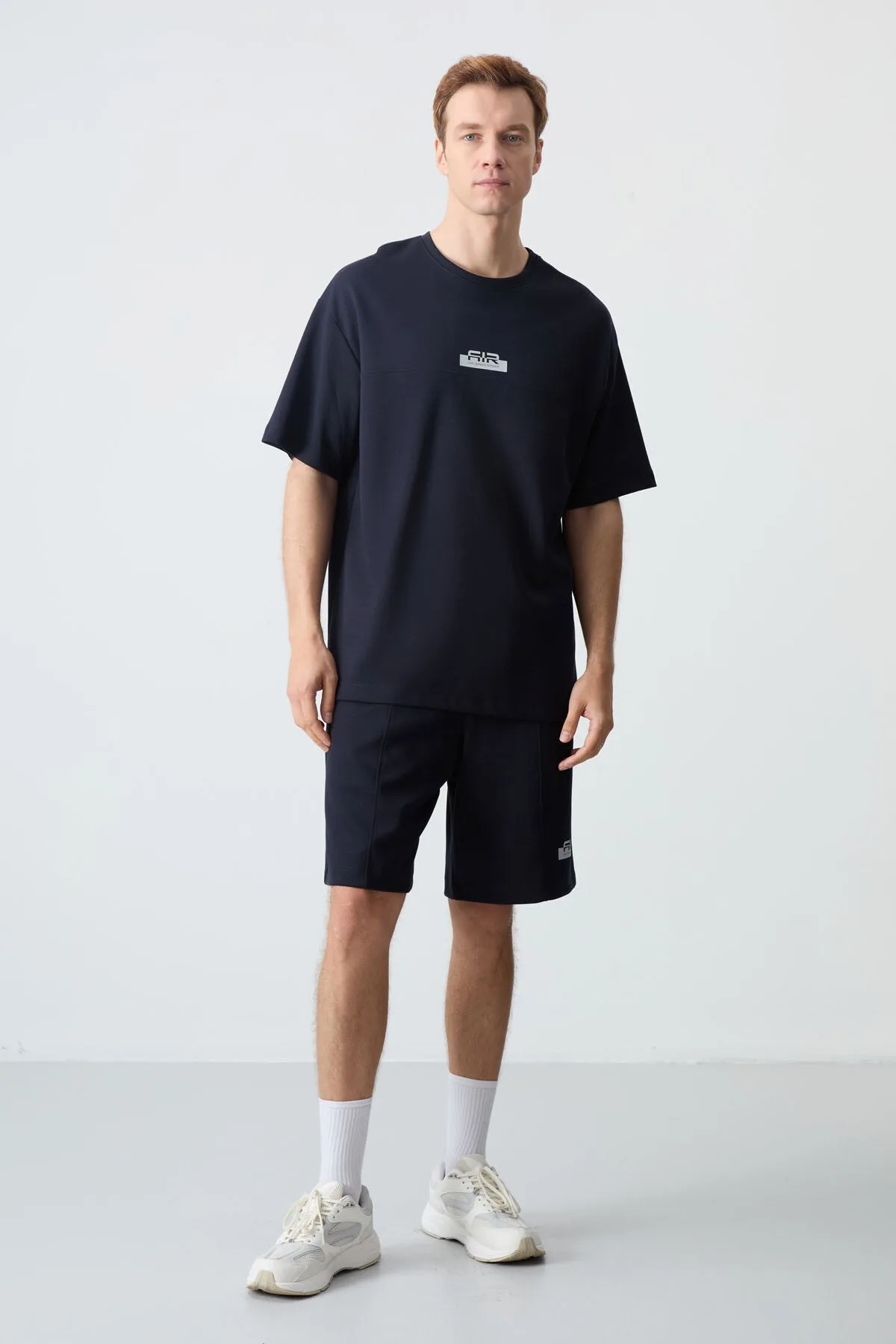 Lacivert Pamuklu Kalın Yumuşak Dokulu Oversize Fit Basic Erkek Şort Takım - 85259 - Laci/laci