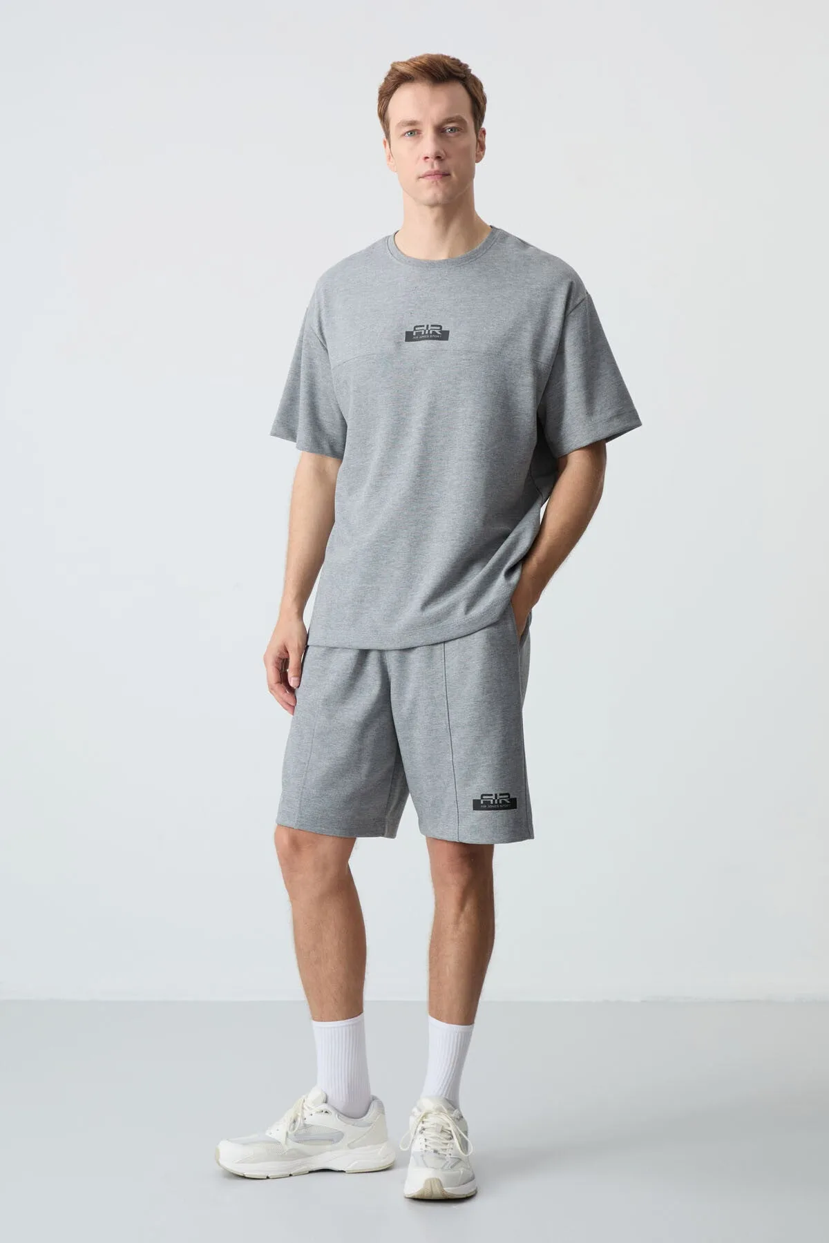 Gri Melanj Pamuklu Kalın Yumuşak Dokulu Oversize Fit Basic Erkek Şort Takım - 85259 - Gb melanj/gb melanj