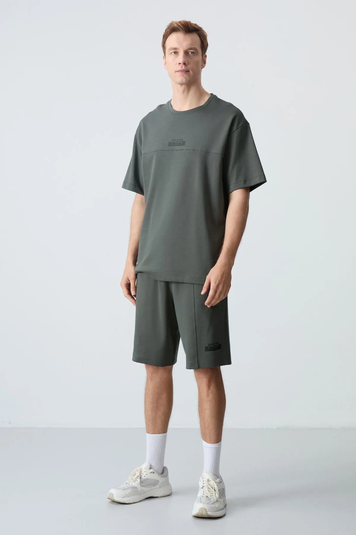 Haki Pamuklu Kalın Yumuşak Dokulu Oversize Fit Basic Erkek Şort Takım - 85259 - Haki/haki
