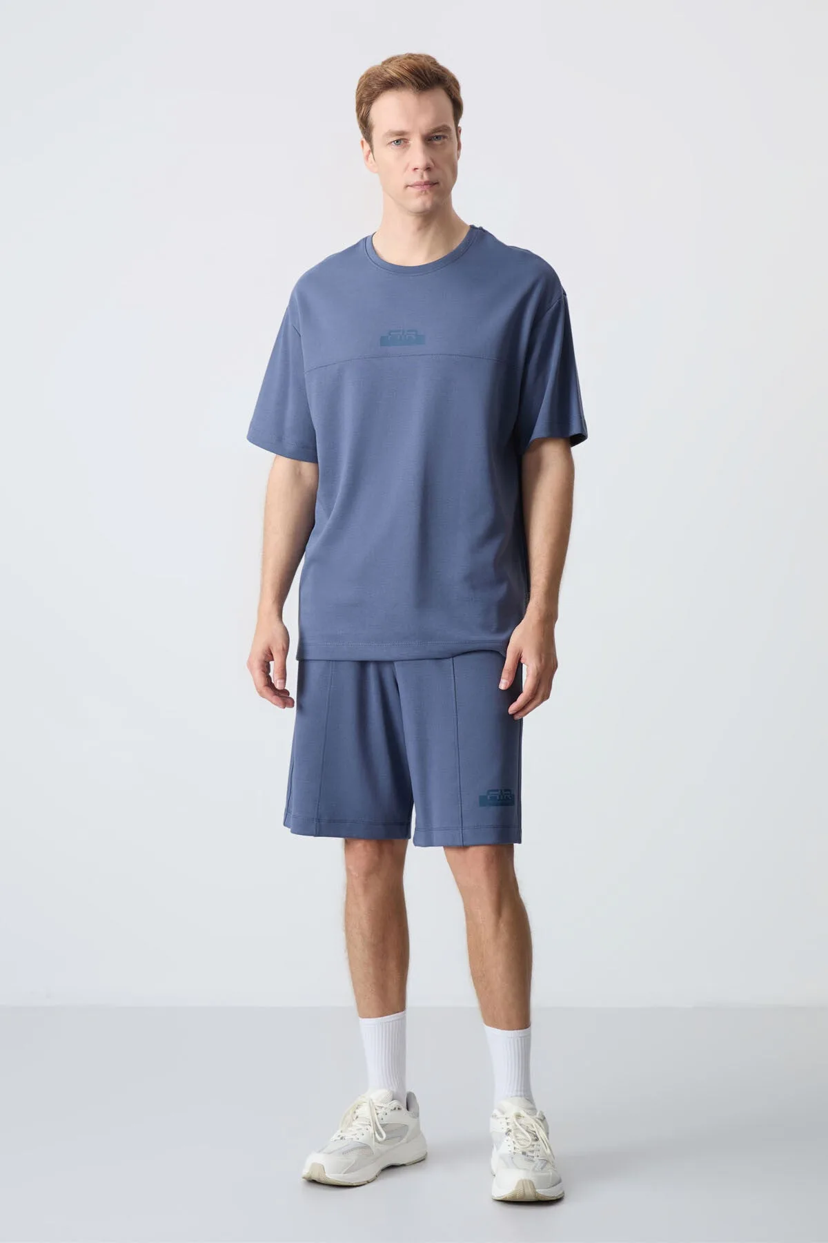 Petrol Pamuklu Kalın Yumuşak Dokulu Oversize Fit Basic Erkek Şort Takım - 85259 - Petrol/petrol