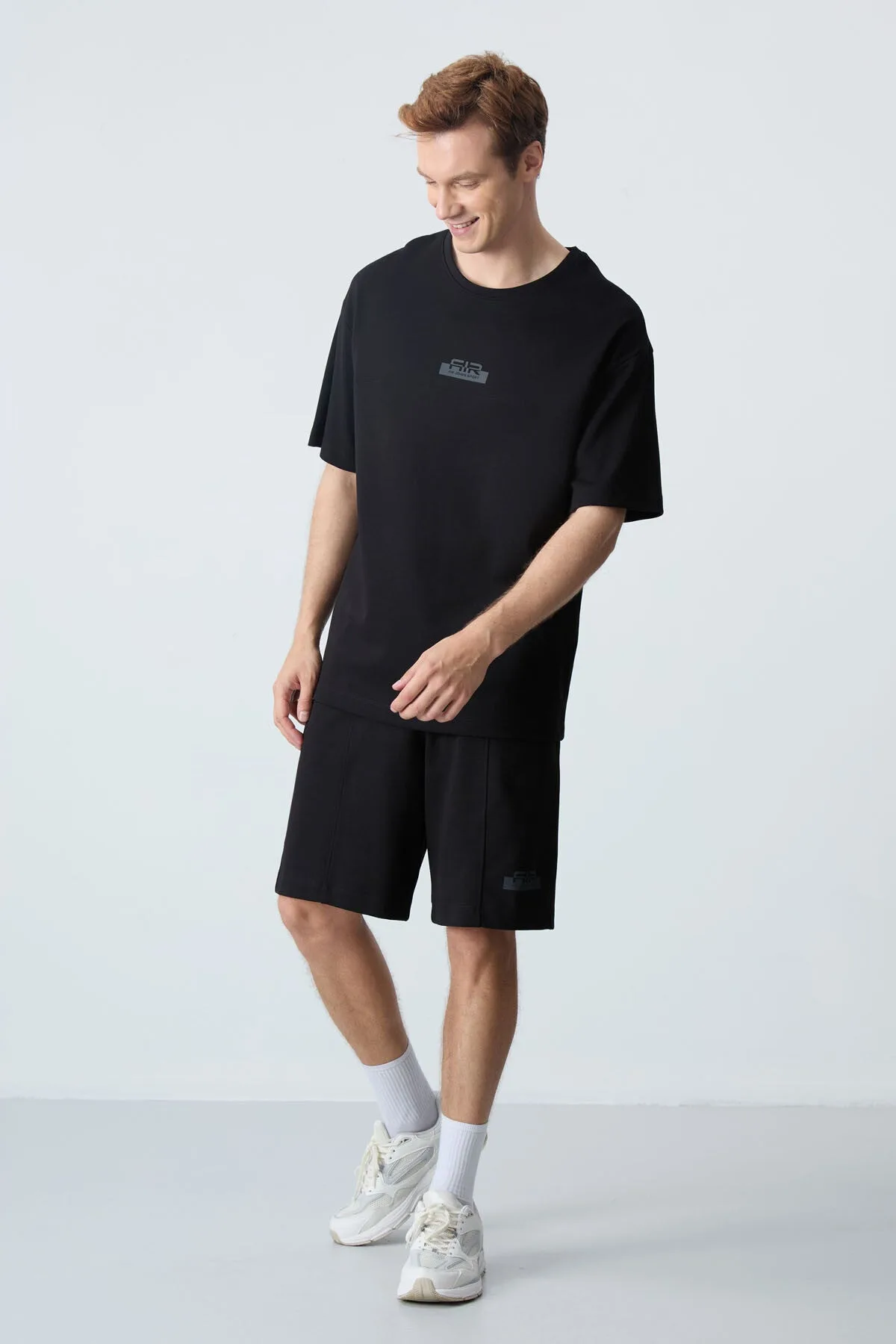 Siyah Pamuklu Kalın Yumuşak Dokulu Oversize Fit Basic Erkek Şort Takım - 85259 - Siyah/siyah