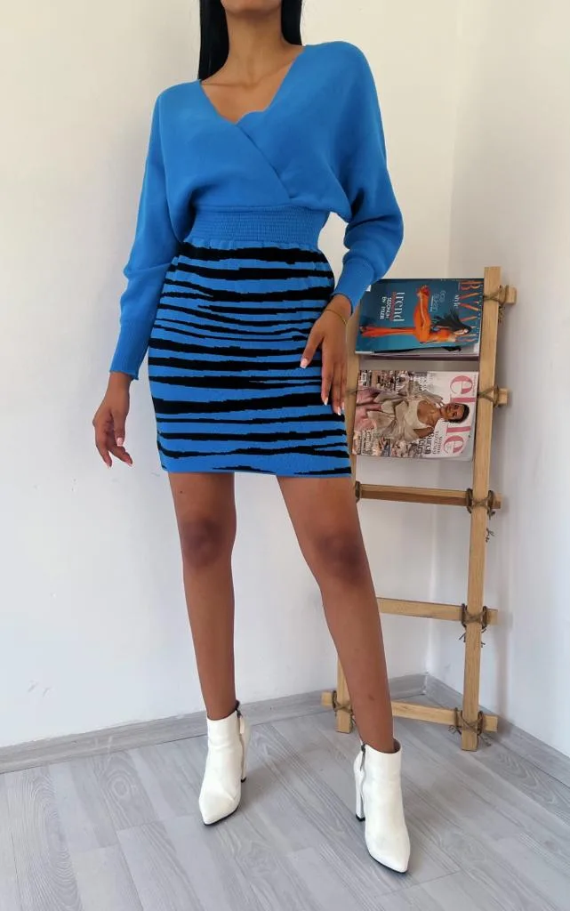 Zebra Desen Triko Elbise 841 - Mavi