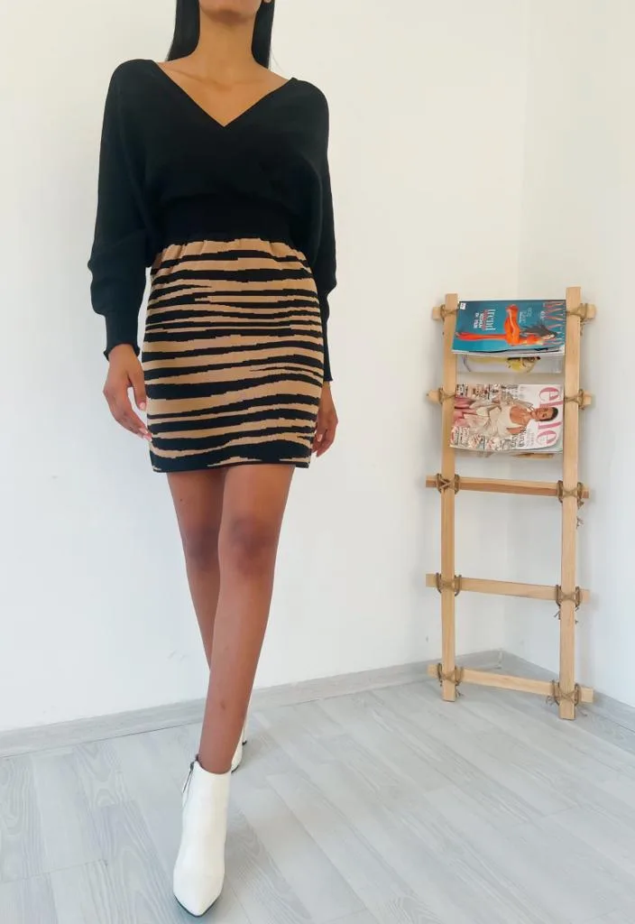 Zebra Desen Triko Elbise 841 - Siyah